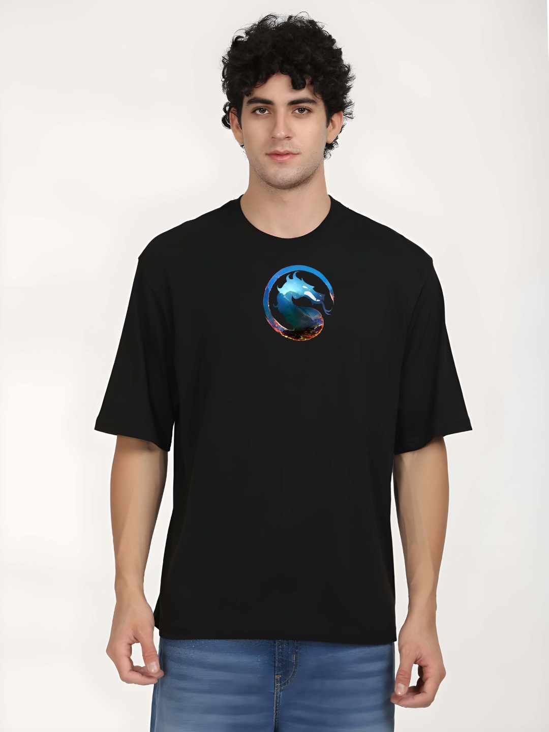 

BOWLIFESTYLE Men Graphic Printed Round Neck Cotton Oversized T-shirt, Black