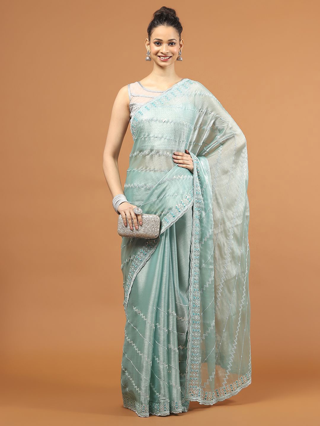 

Meena Bazaar Embellished Embroidered Sequinned Saree, Sea green