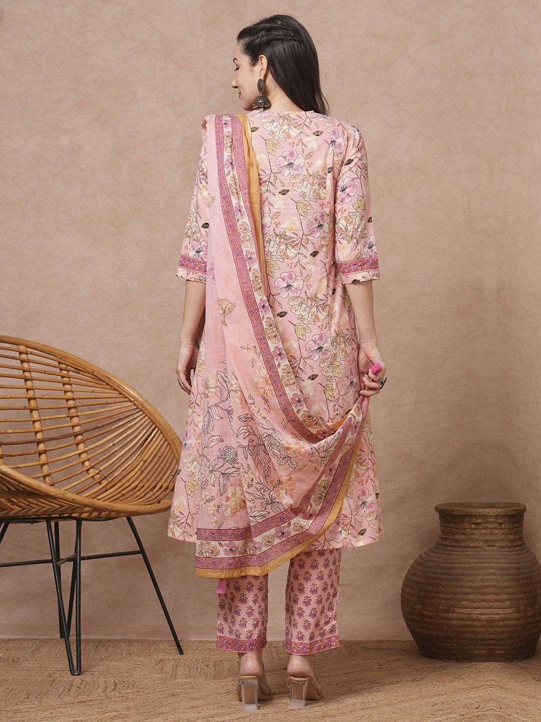 

FASHOR Women Ethnic Motifs Printed Pleated Sequinned Pure Cotton Kurta with Trousers & With Dupatta, Peach