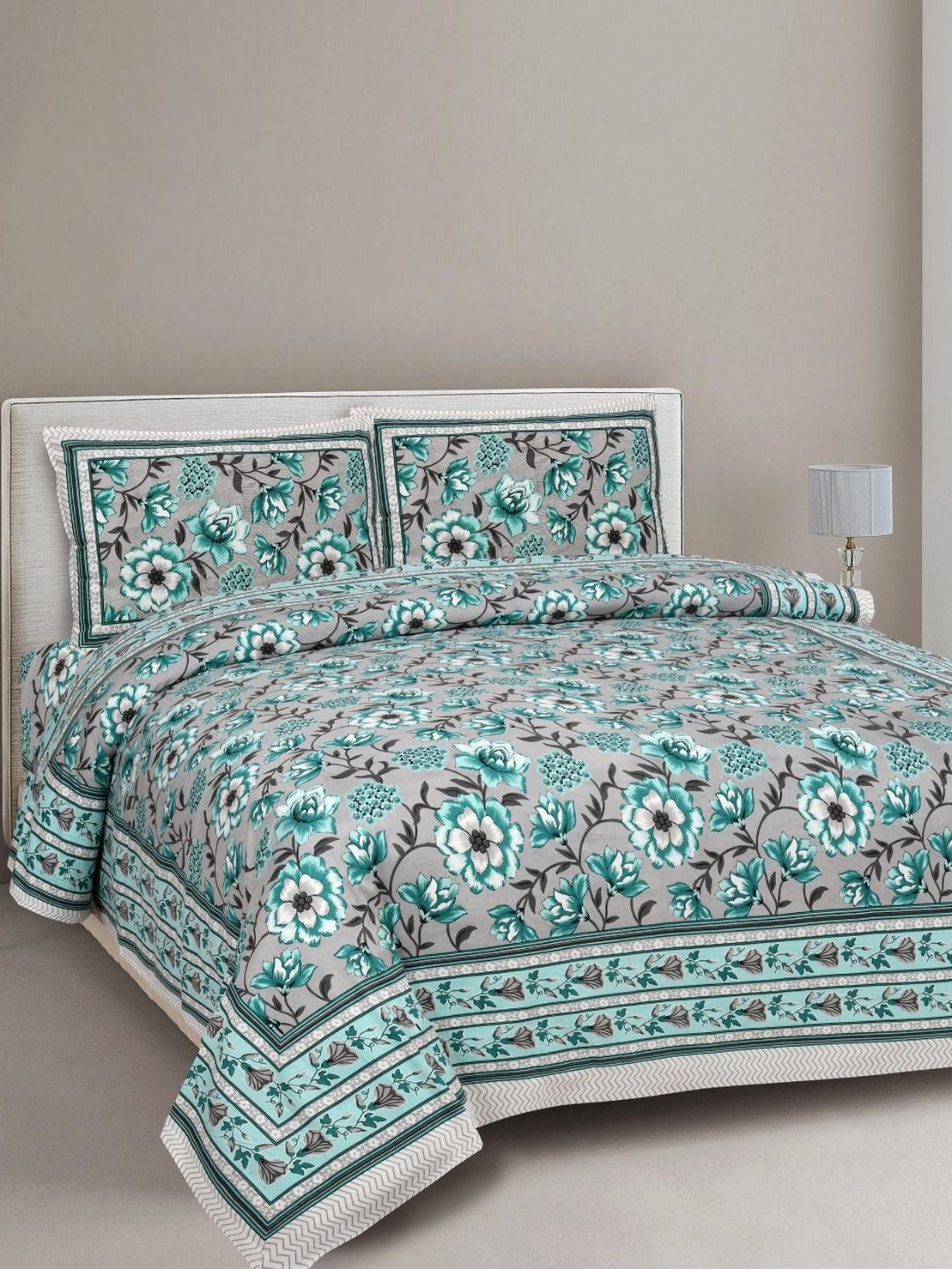 

INDHOME LIFE Blue & Grey Floral Printed 220 TC Cotton King Bedsheet Set 2.28 m x 2.74 m