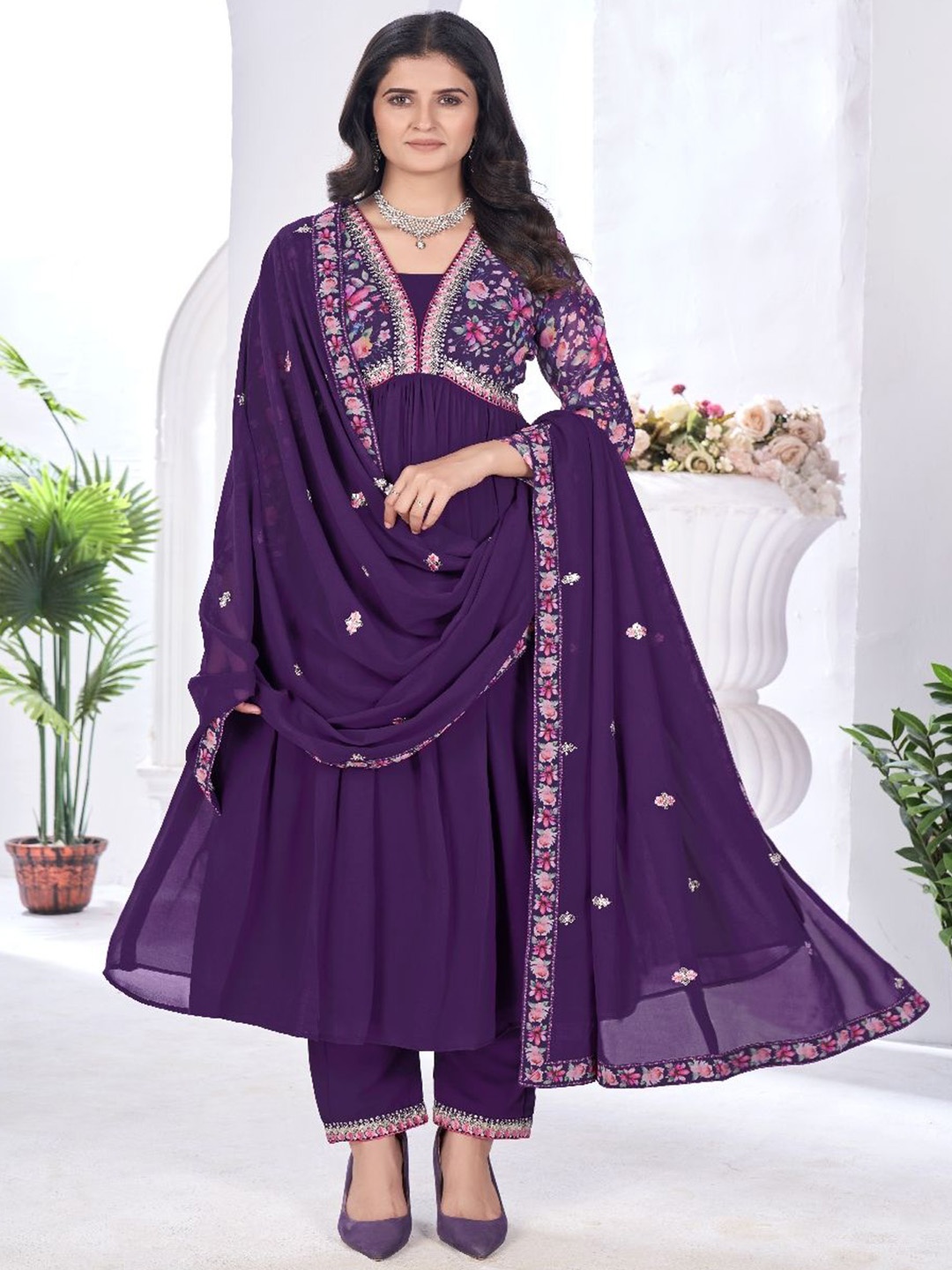

VARNI FABRICS Floral Yoke Design Empire Georgette Anarkali Kurta With Trouser & Dupatta, Purple