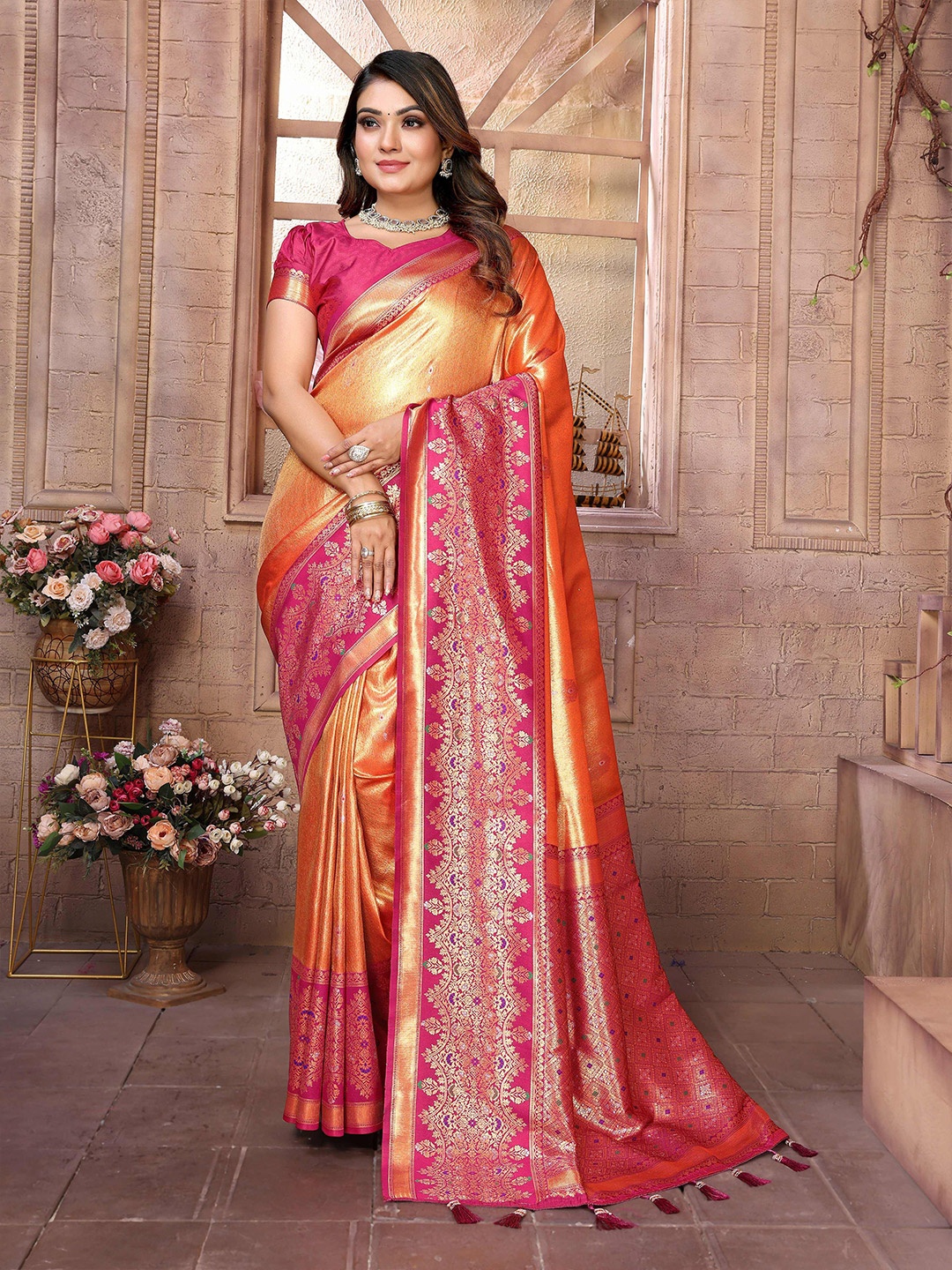 

Vintro Woven Design Zari Tissue Banarasi Saree, Orange