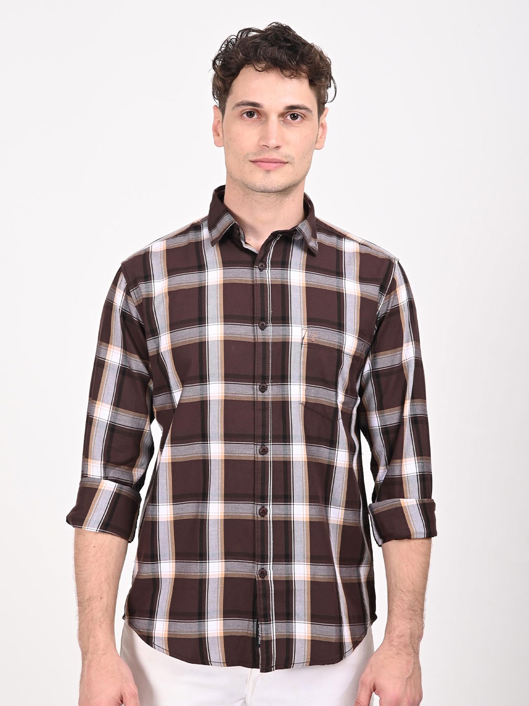

URBAN POCHE Men Slim Fit Spread Collar Tartan Checked Cotton Casual Shirt, Coffee brown