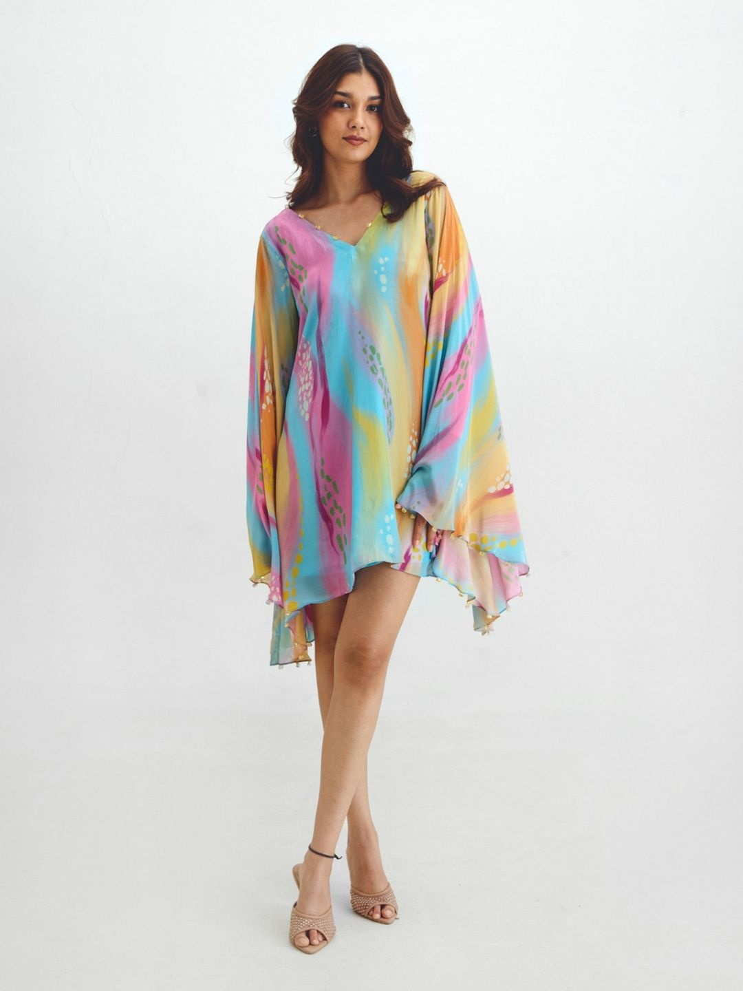 

Prose Stories Women Printed Bell Sleeve Crepe A-Line Mini Dress, Blue