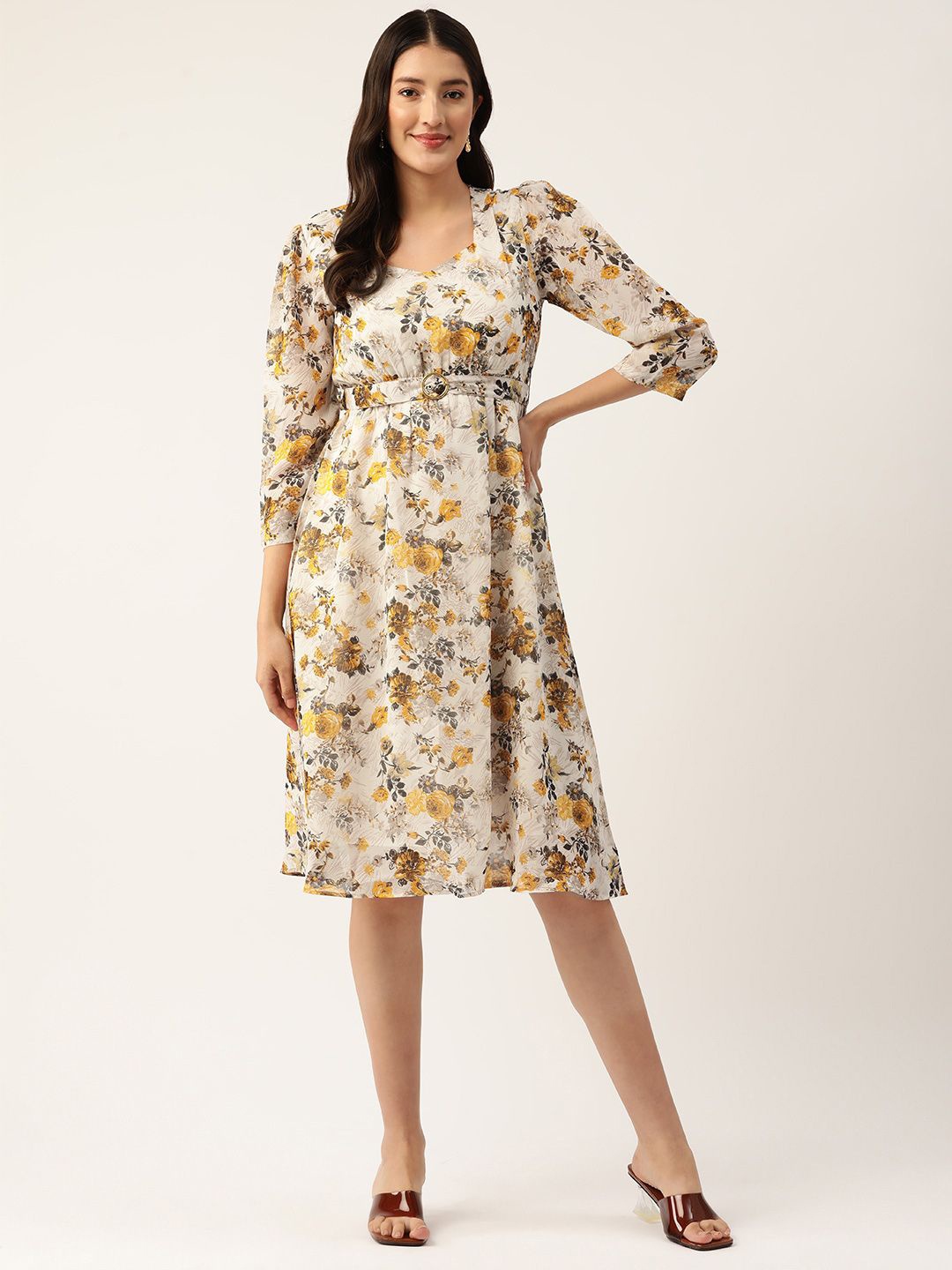 

Moda Rapido Floral Print Georgette Empire Dress, White