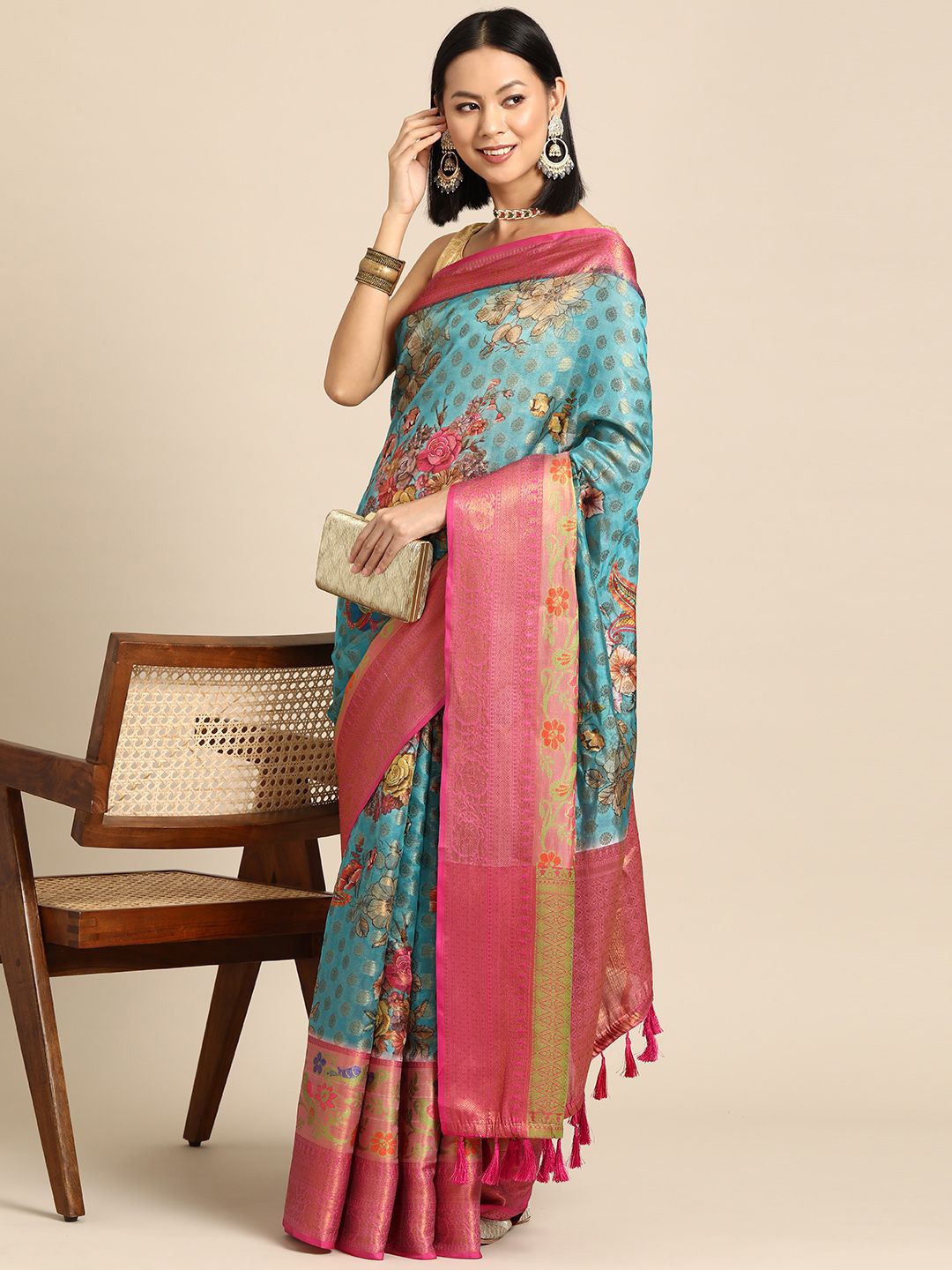 

DIVASTRI Kanjeewaram Silk Woven With Digital Printed Saree, Blue