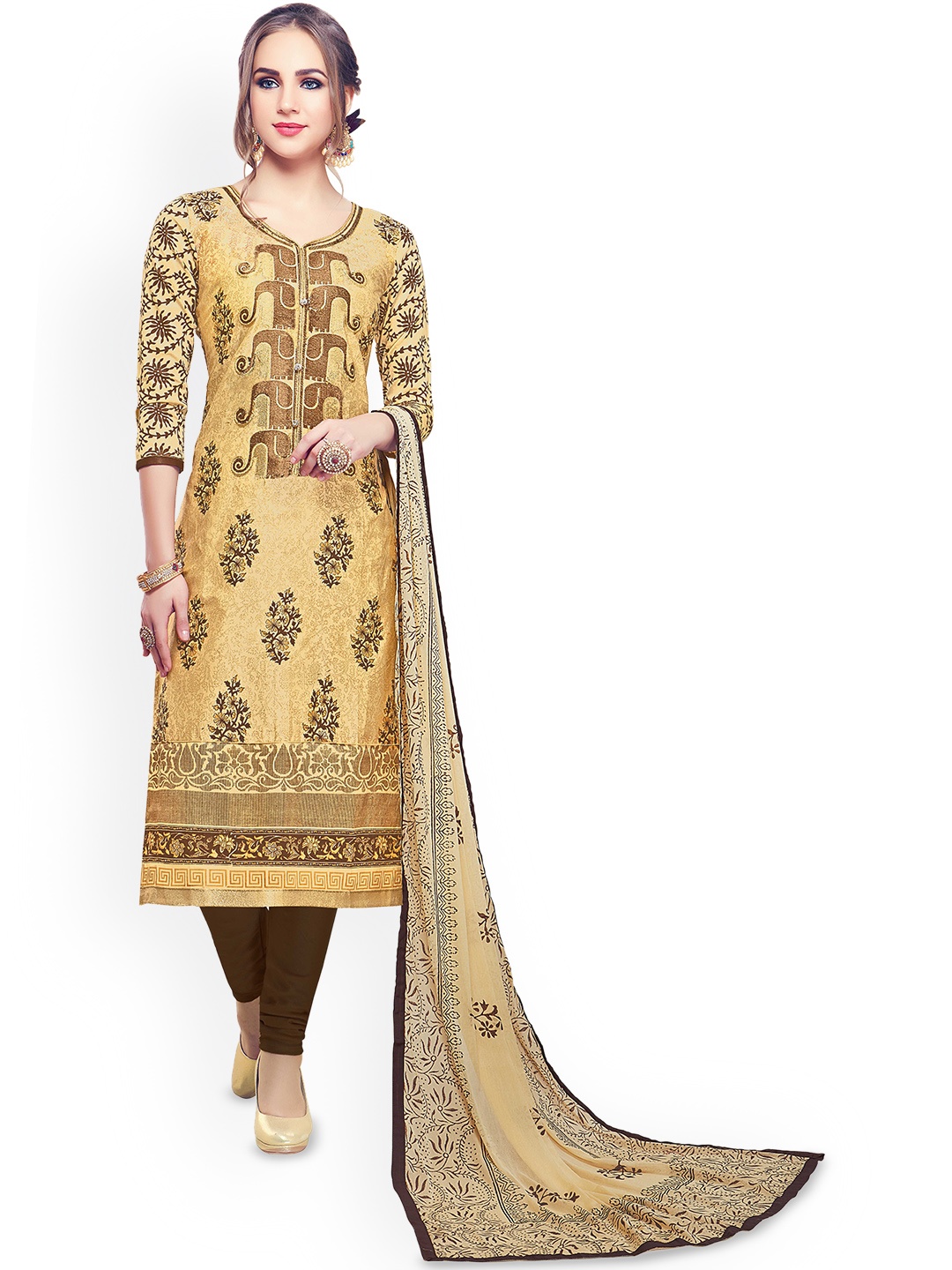

HERE&NOW Floral Embroidered Embellished Cotton Unstitched Dress Material, Beige