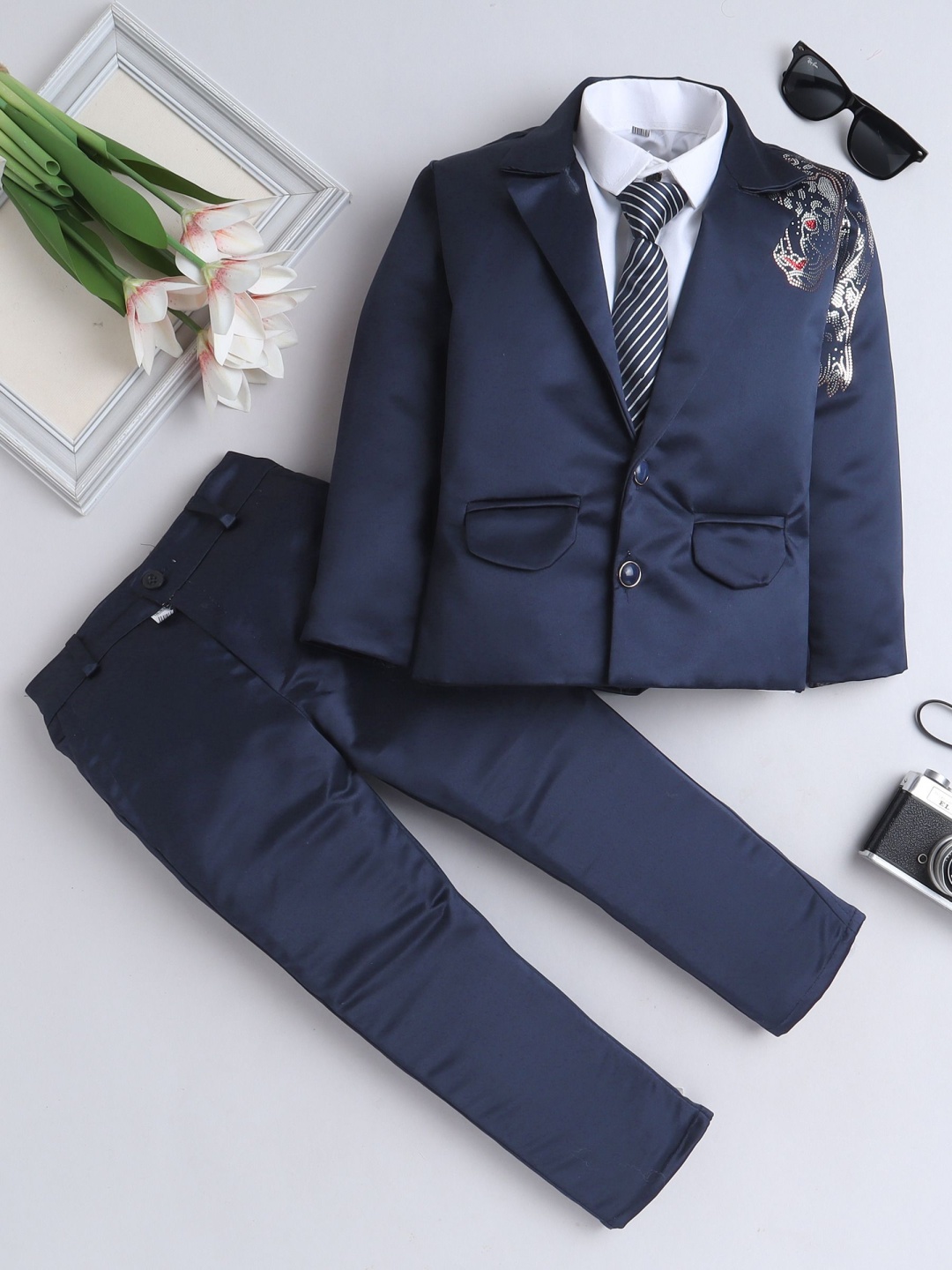 

FOURFOLDS Boys Embellished Waistcoat & Trouser Suit Set, Navy blue