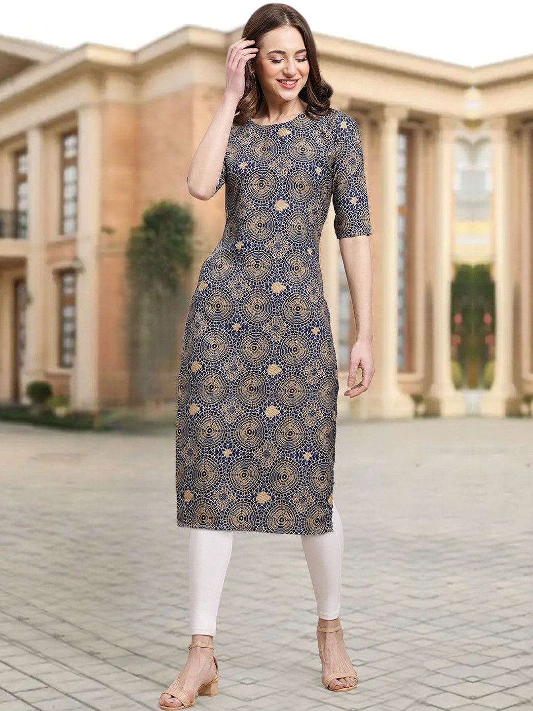 

7Threads Geometric Printed Round Neck Straight Kurta, Blue