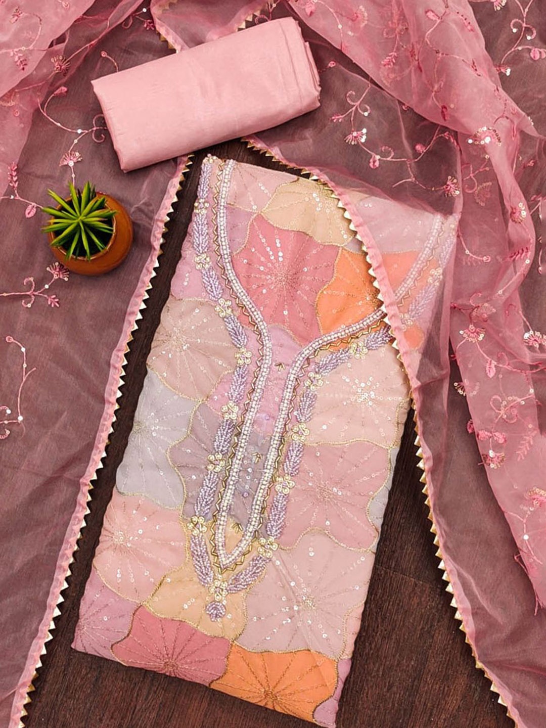 

SHADOW & SAINING Embroidered Organza Unstitched Dress Material, Peach