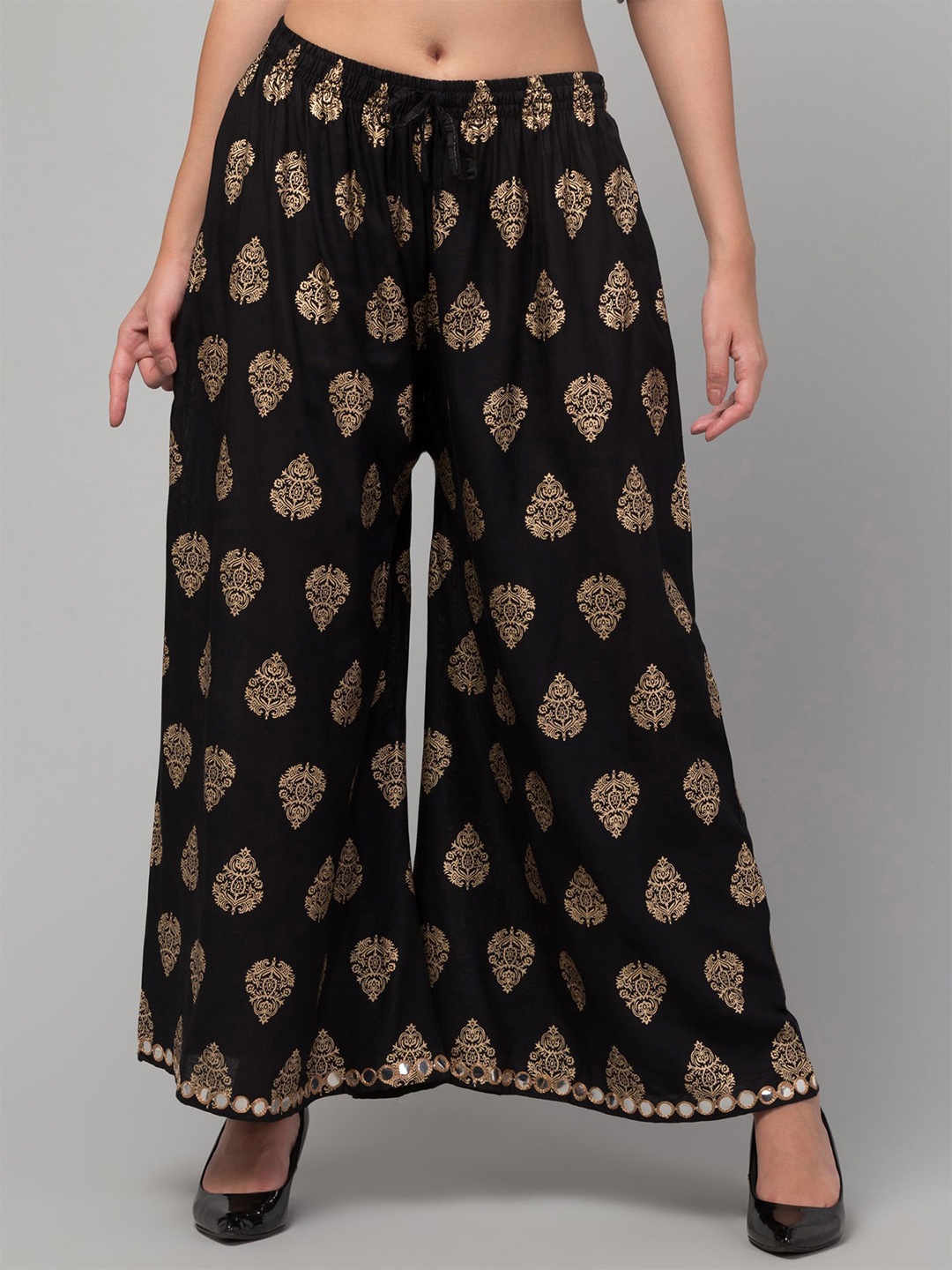 

FAMBEE Women Ethnic Motifs Printed Flared Knitted Palazzos, Black