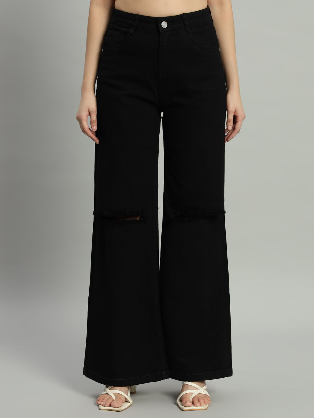 

Mast & Harbour Women Wide Leg High-Rise Slash Knee Stretchable Jeans, Black