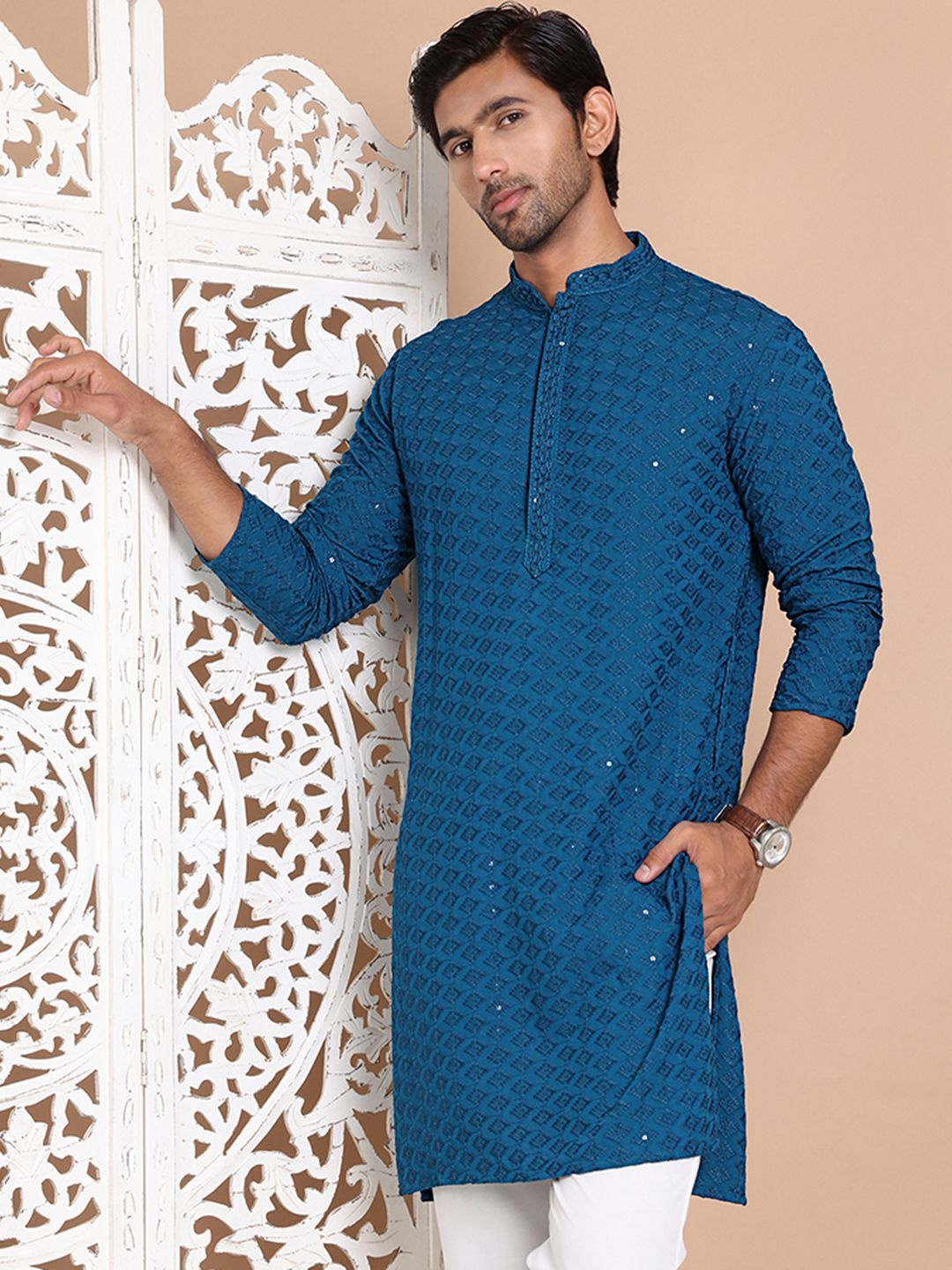 

Anouk Blue Ethnic Motifs Embroidered Mandarin Collar Sequinned Straight Kurta