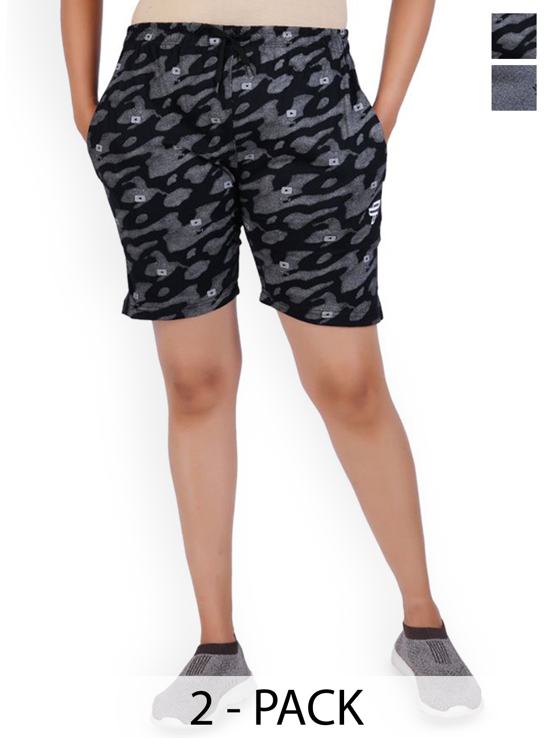 

FEEL TRACK Women Pack of 2 Printed Shorts, Black