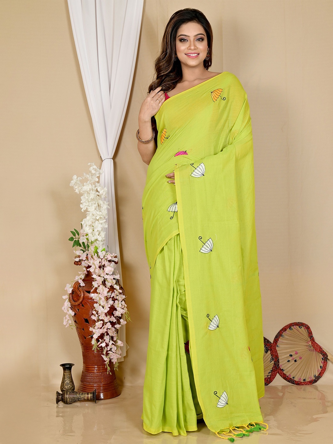 

DipDiya Geometric Printed Pure Cotton Taant Saree, Sea green