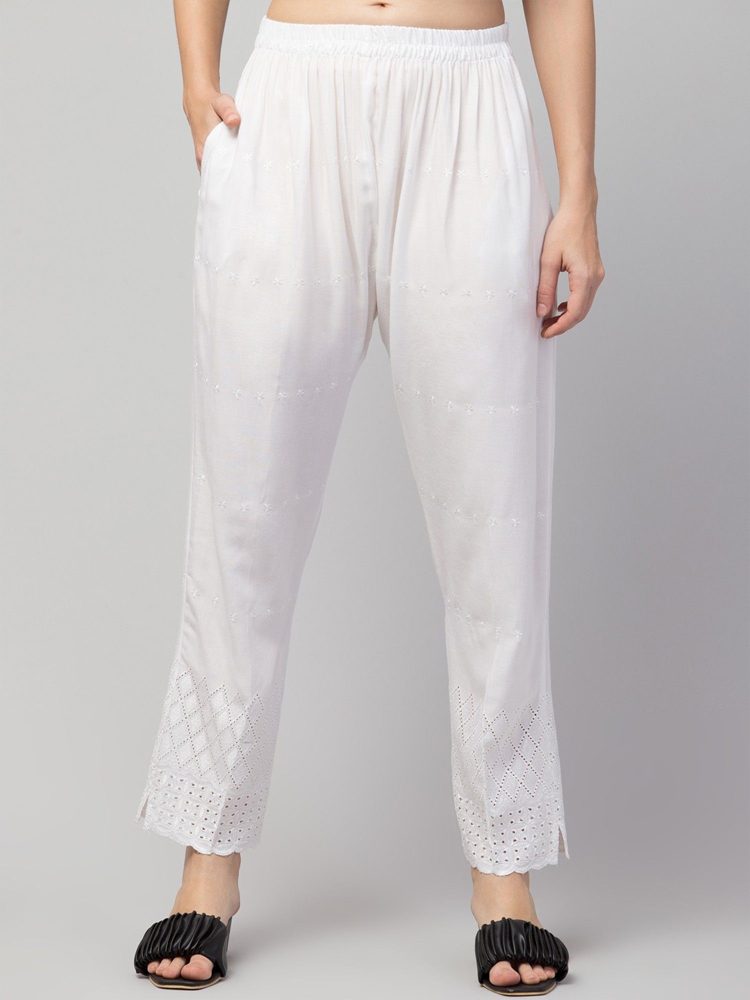 

FAMBEE Women Flared Knitted Palazzos, White