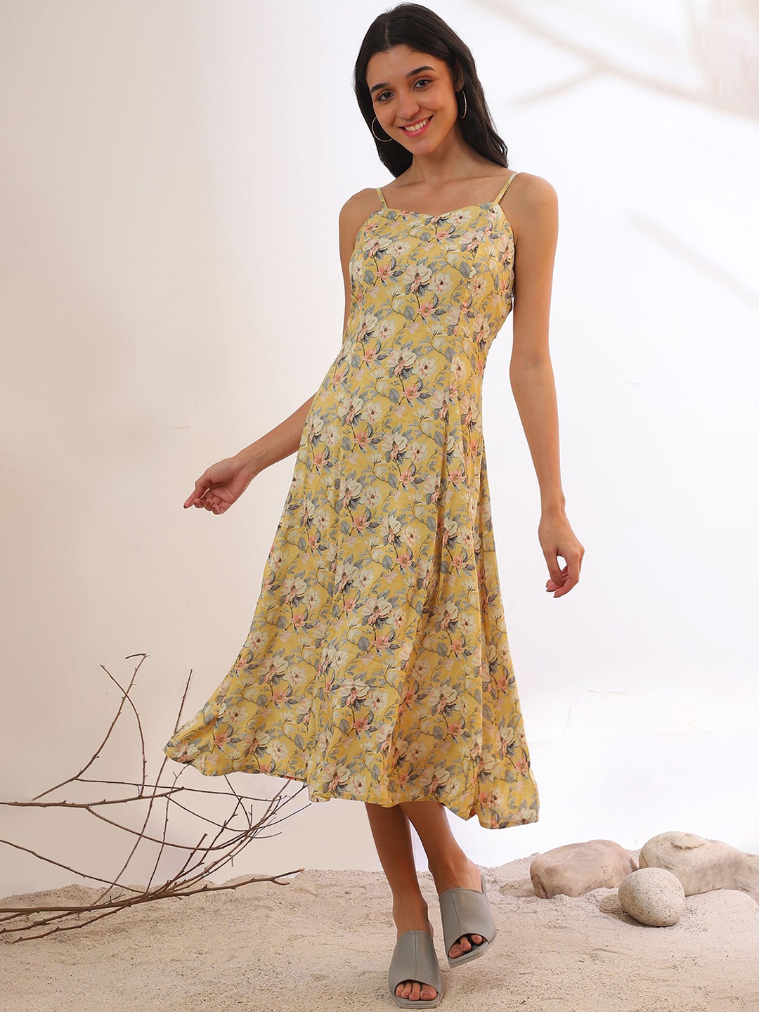 

AURELIA Floral Print A-Line Midi Dress, Yellow