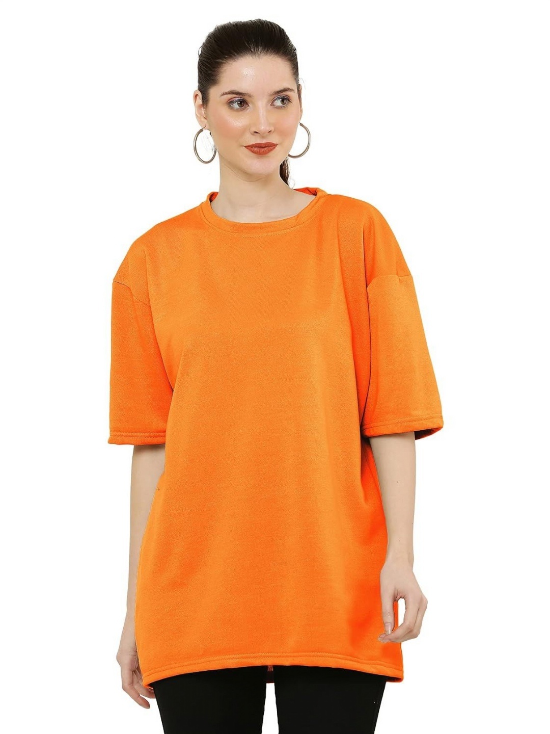 

NOTWILD Women Solid Round Neck Cotton Relaxed Fit T-shirt, Orange
