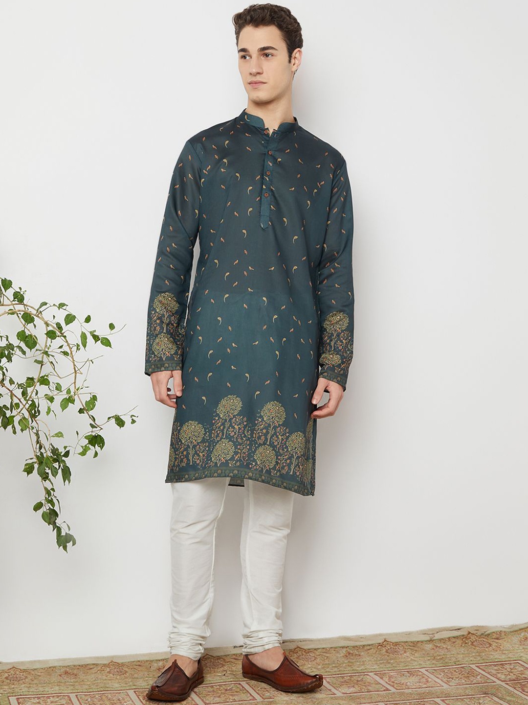 

BELLAZO Floral Printed Mandarin Collar Cotton Straight Kurta, Green