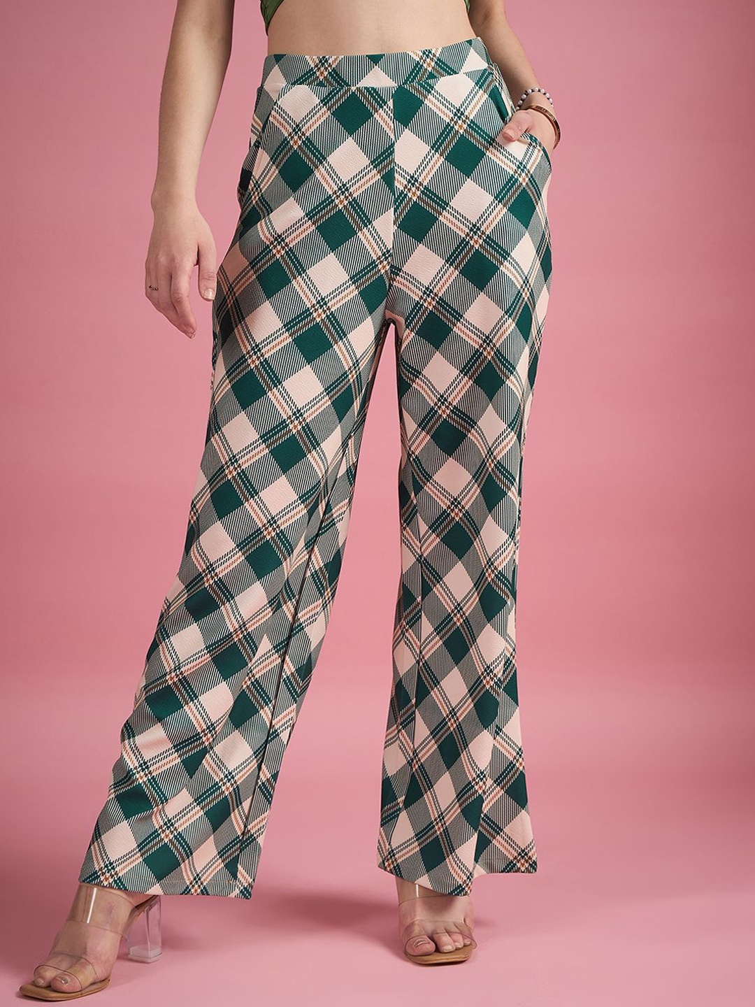 

DressBerry Women Checked Classic Flared High-Rise Easy Wash Trousers, Green