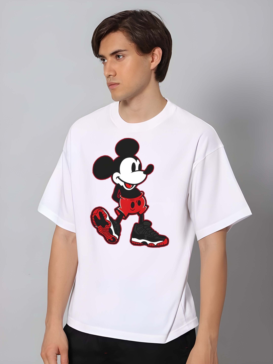 

Krimmple Men Mickey Mouse Graphic Printed Round Neck Cotton Relaxed Fit T-shirt, White