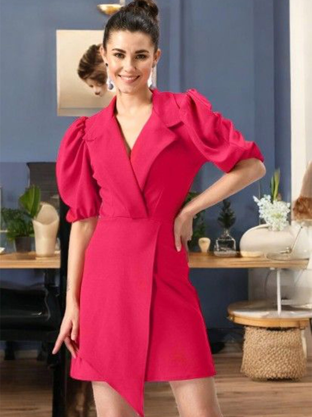 

IUGA Women Puff Sleeves Wrap Dress, Magenta