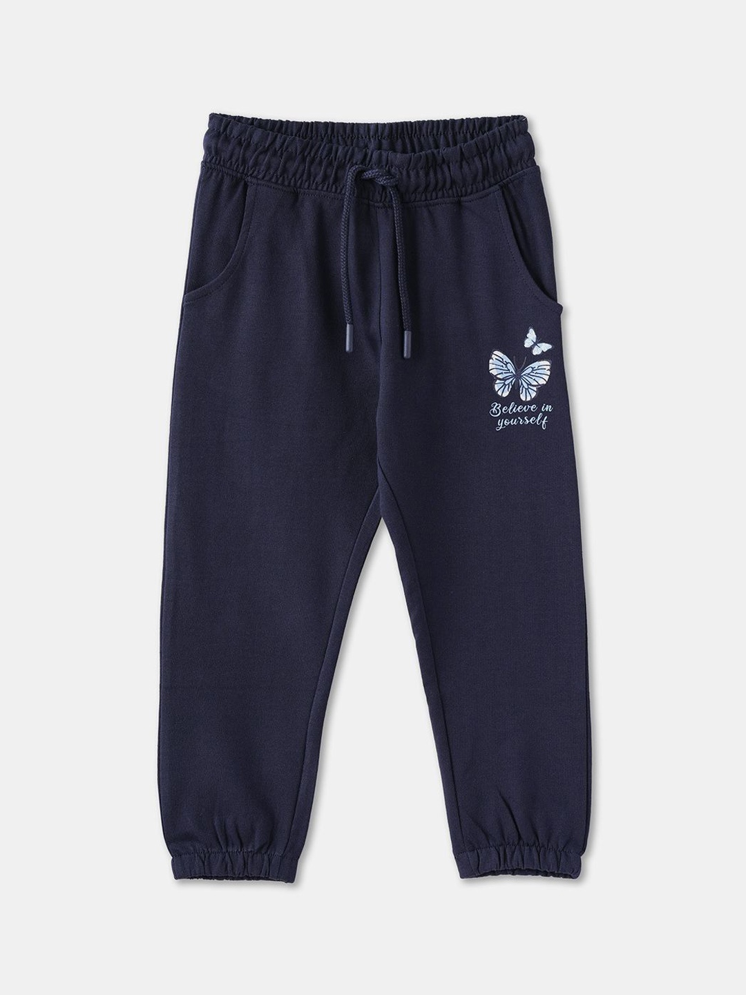 

R&B Girls Cotton Printed Mid-Rise Joggers Trousers, Navy blue