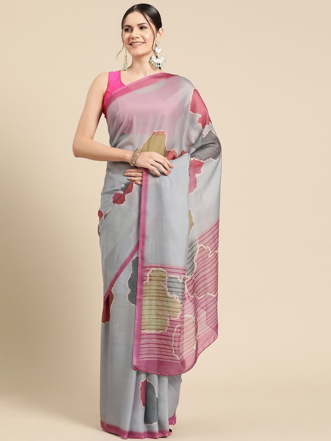 

DIVASTRI Soft Silk Digital Printed Color Blocked Saree, Grey