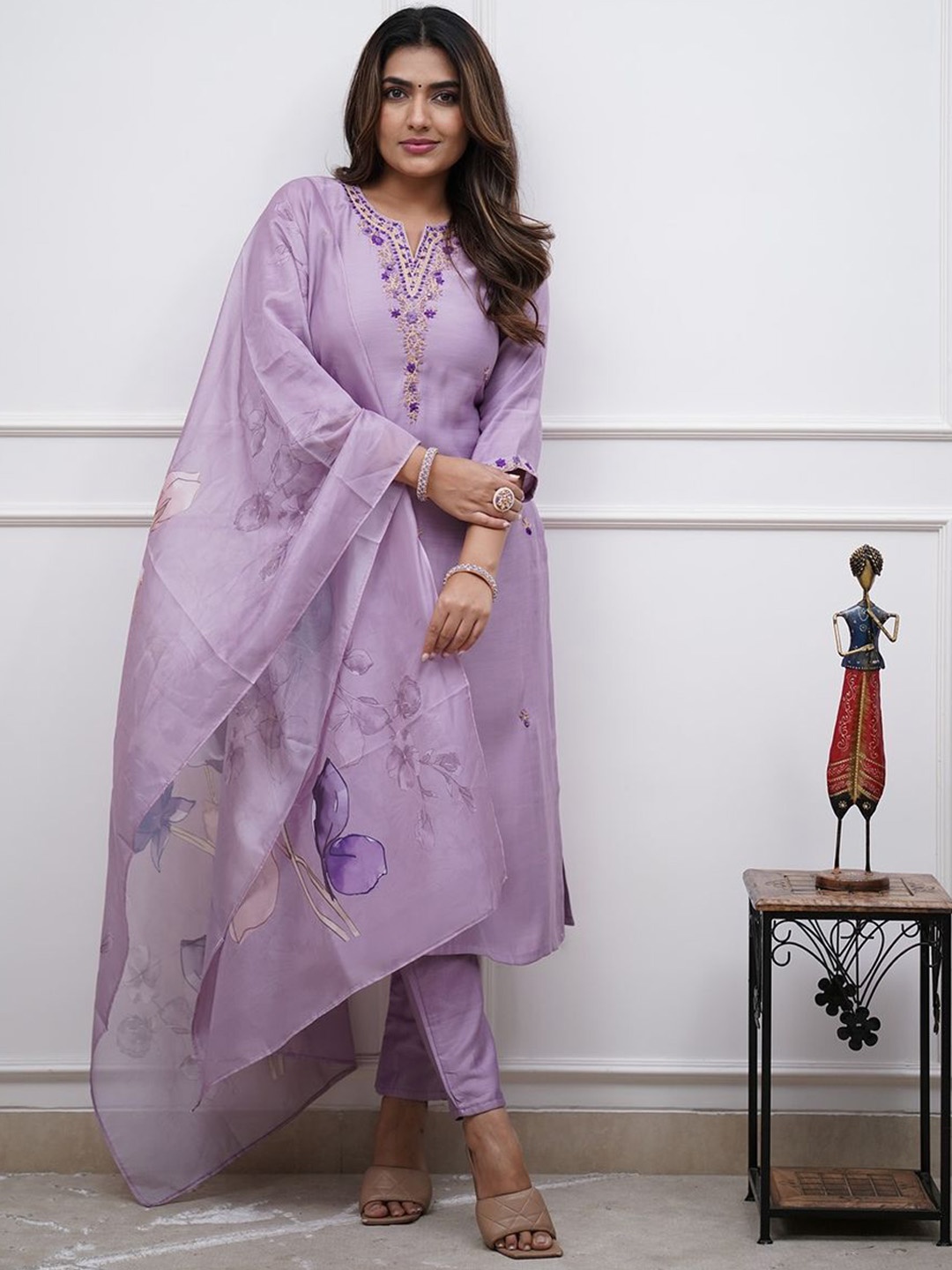 

KALINI Floral Embroidered V-Neck Straight Kurta With Trousers & Dupatta, Purple