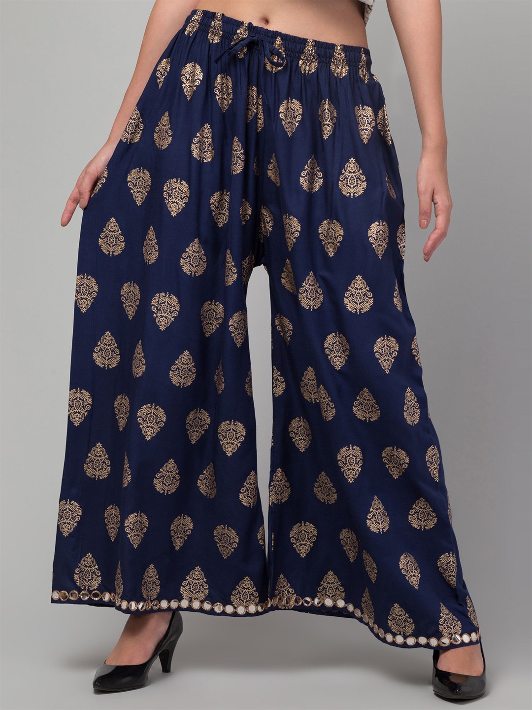 

FAMBEE Women Floral Printed Flared Knitted Palazzos, Blue