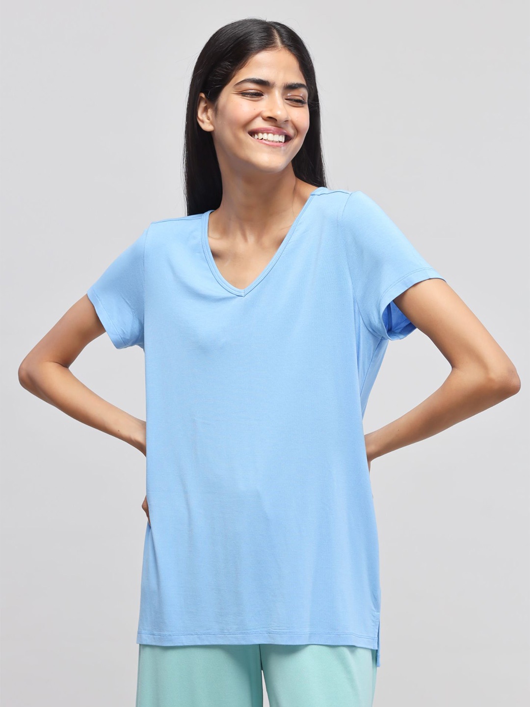 

necesera Women V-Neck Short Sleeves Oversized Tshirts, Blue