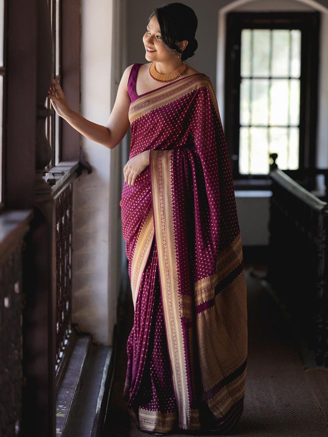 

S.K.C Ethnic Motifs Pure Silk Banarasi Saree, Maroon