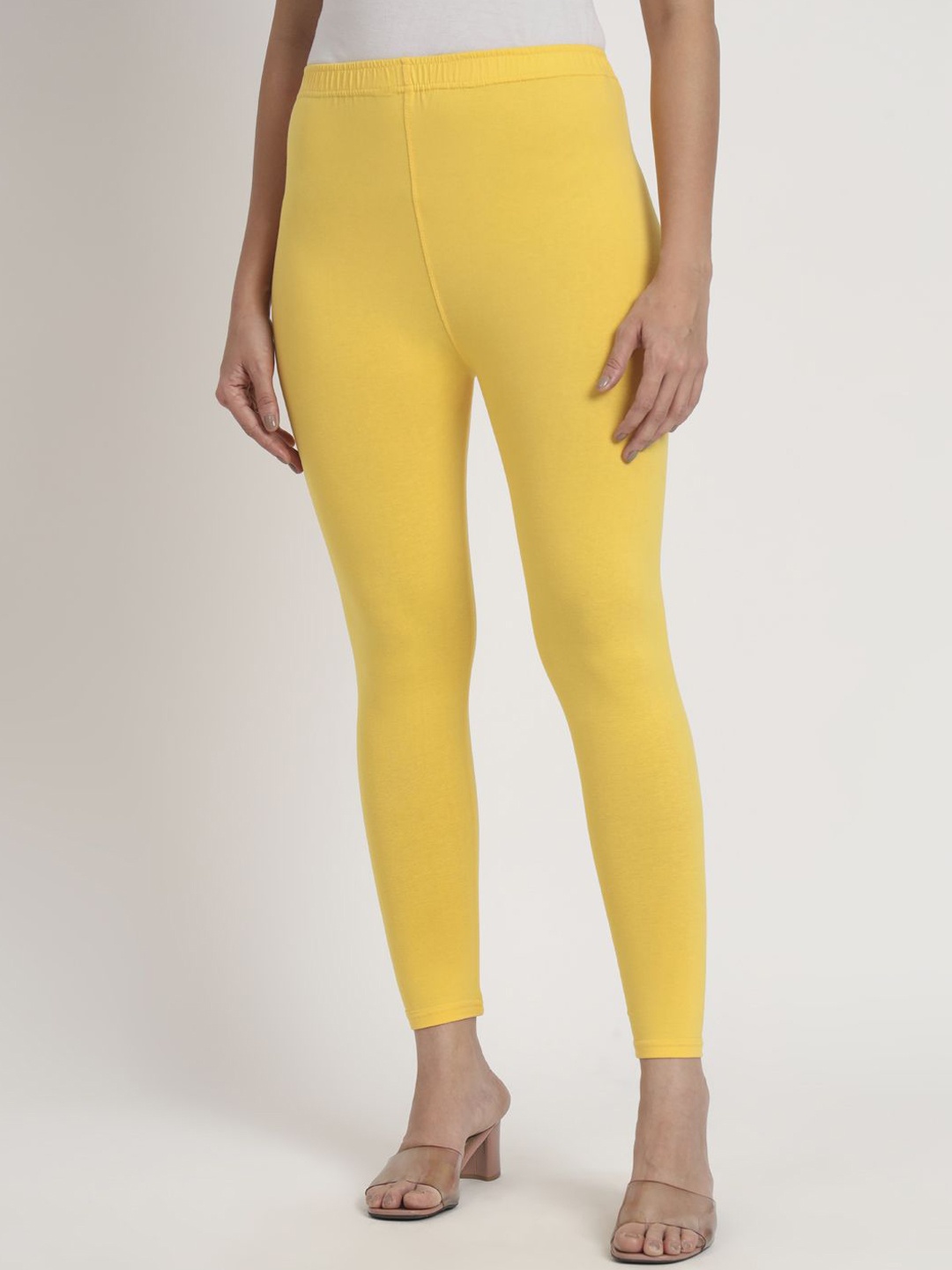 

Thread Plus Women Solid Cotton Super Stretchable Ankle Length Leggings, Yellow