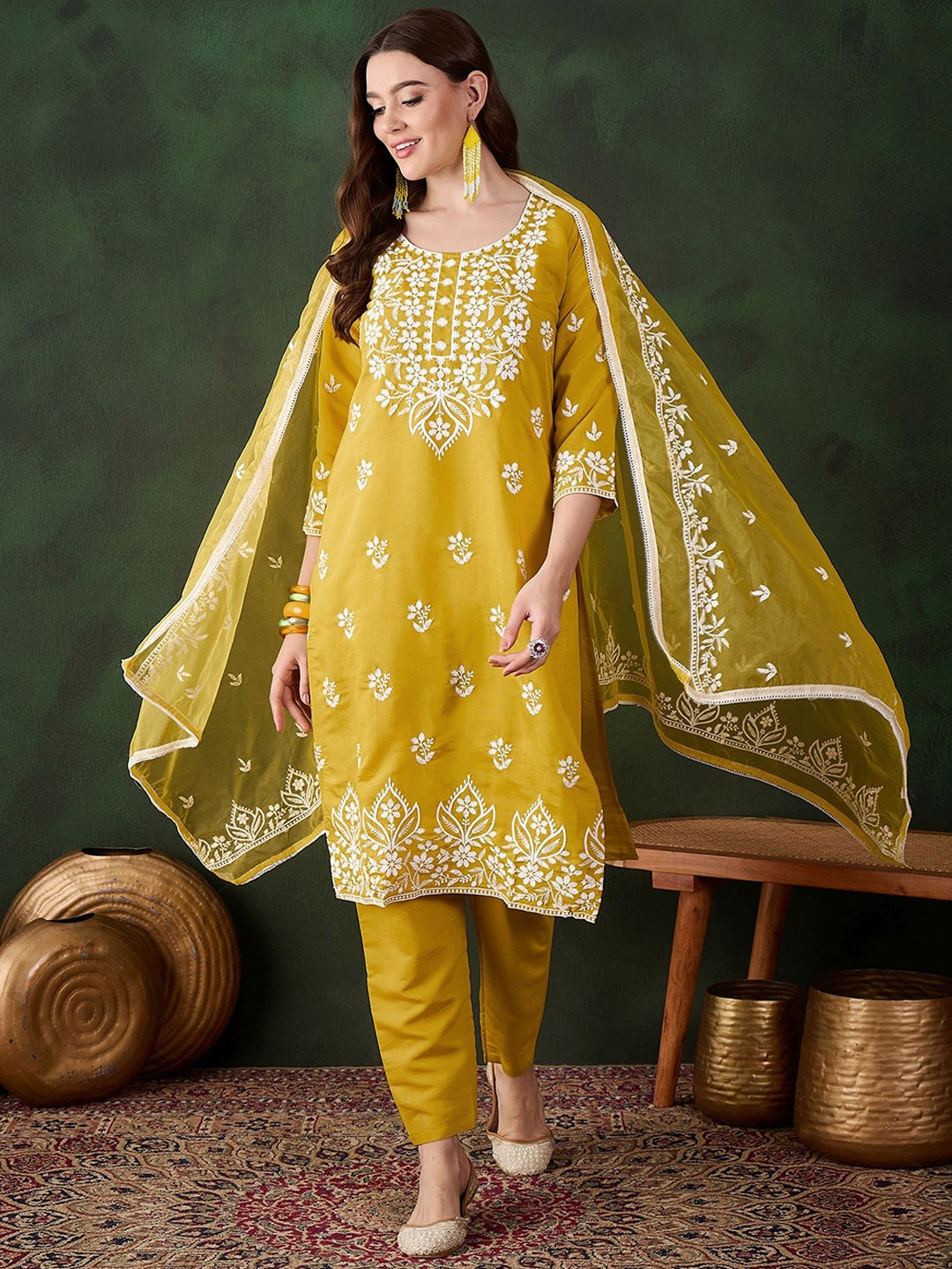 

KALINI Women Floral Embroidered Regular Chikankari Kurta with Trousers & With Dupatta, Mustard