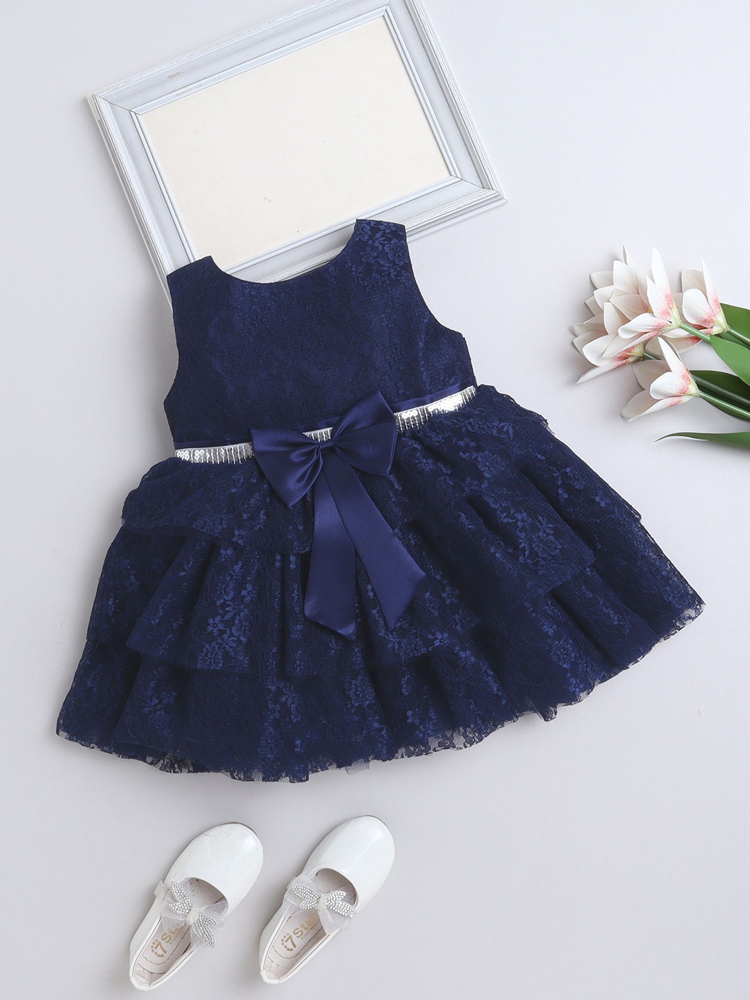 

The Magic Wand Girls Self Design Bow Detail Fit & Flare Dress, Navy blue