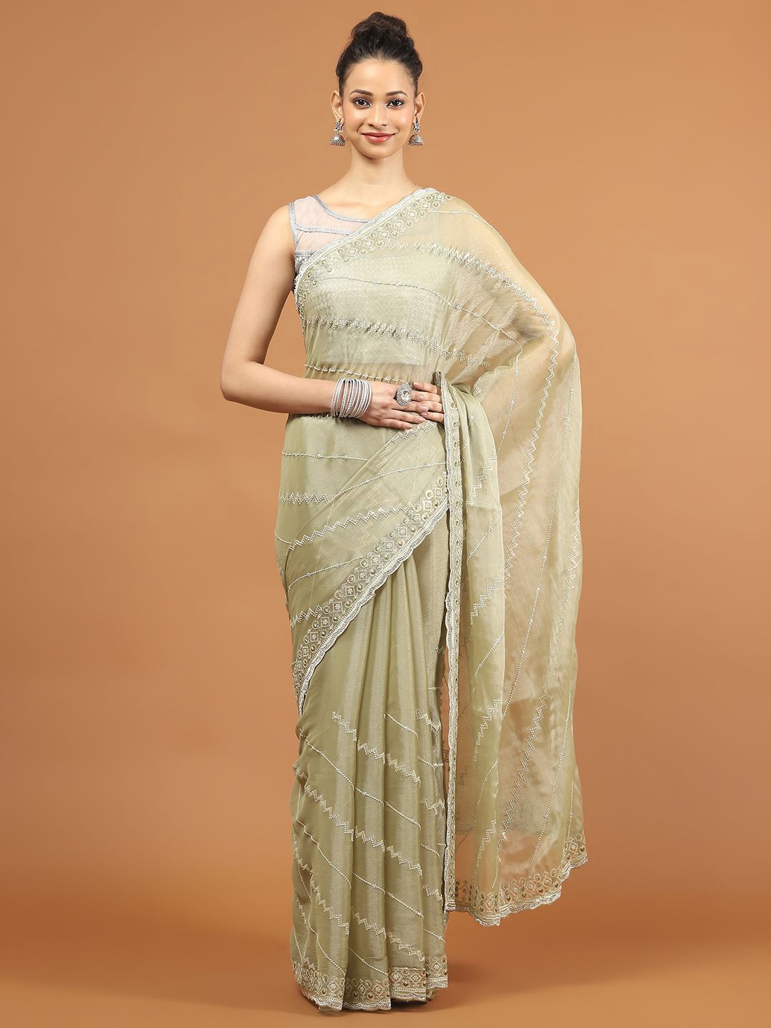 

Meena Bazaar Embroidered Beads and Stones Saree, Green