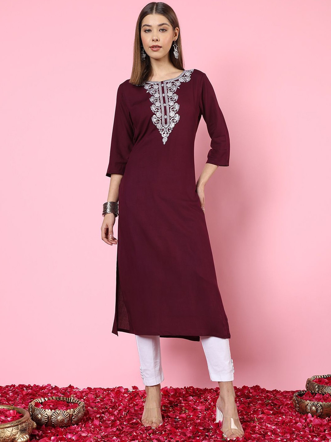 

Anouk Marron Ethnic Motifs Embroidered Thread Work Round Neck Straight Kurta, Maroon