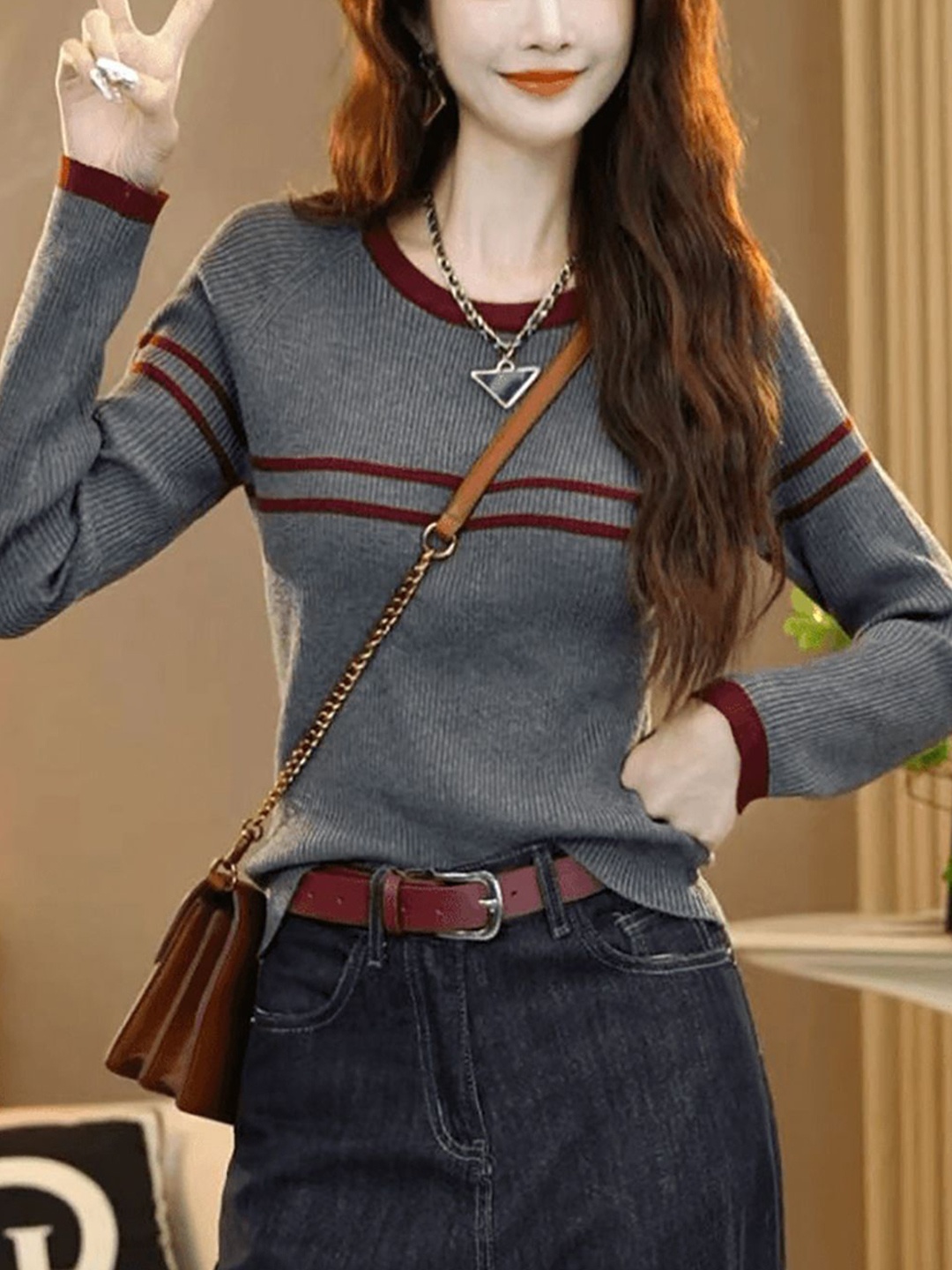 

StyleCast x Revolte Women Striped Round Neck Pullover Sweater, Grey