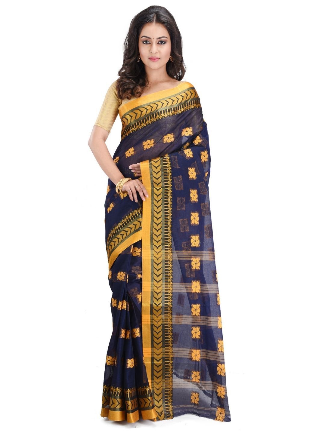 

RAJ SAREE HOUSE Woven Design Pure Cotton Jamdani Saree, Navy blue