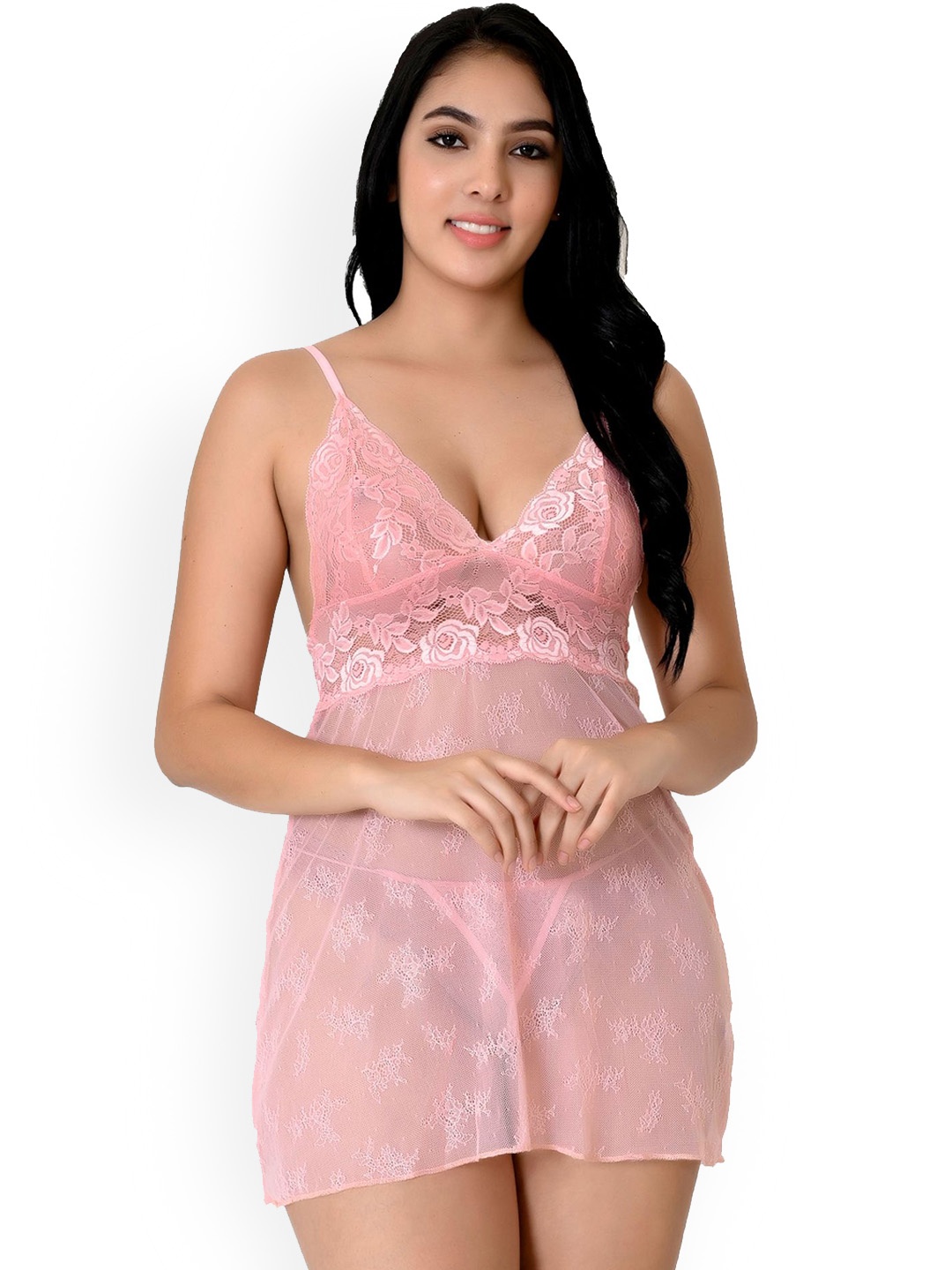 

chia fashions Women Self Design Shoulder Straps Baby Doll, Pink