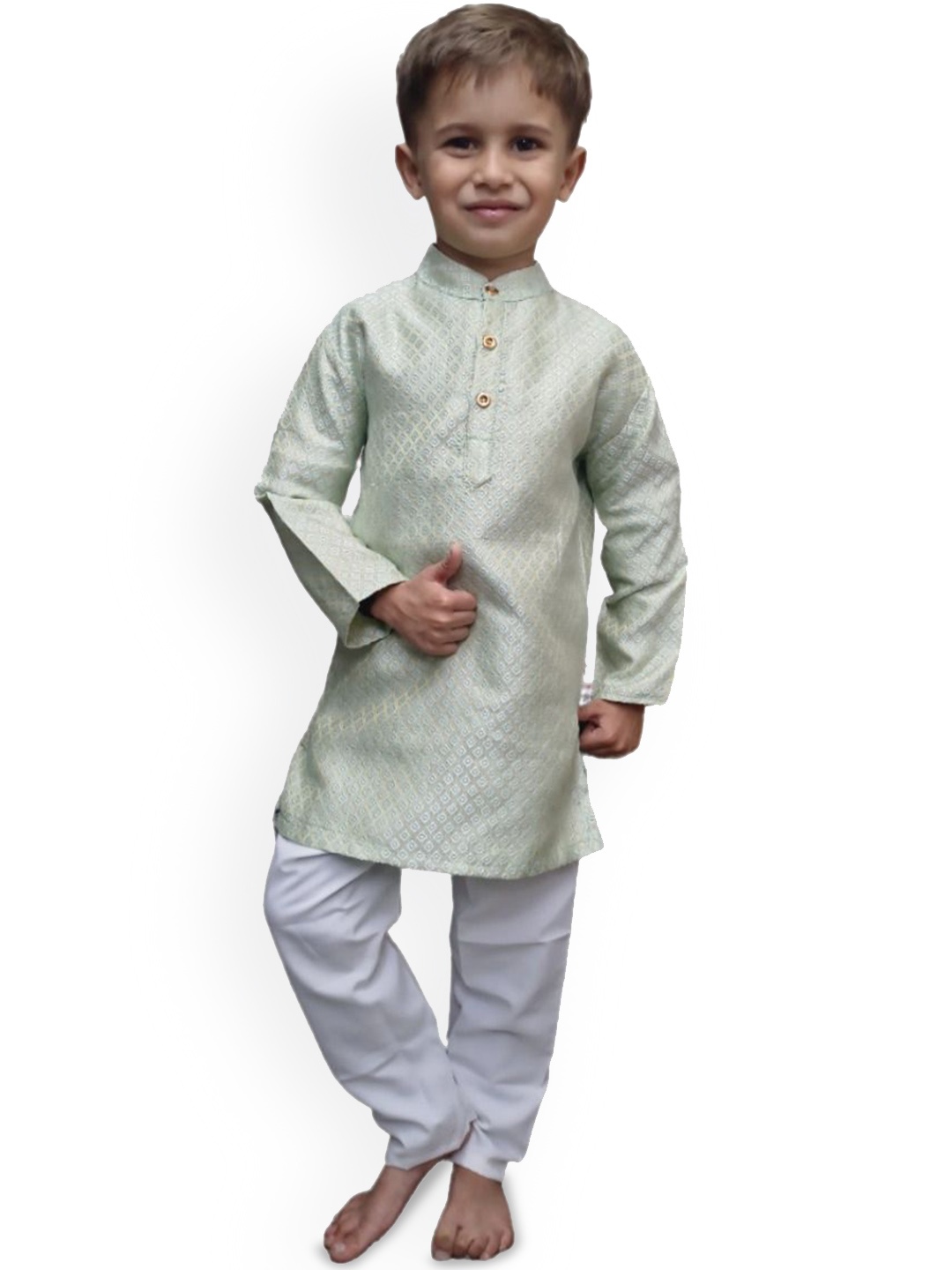 

BAESD Boys Woven Design Mandarin Collar Straight Pure Cotton Kurta With Pyjamas, Green