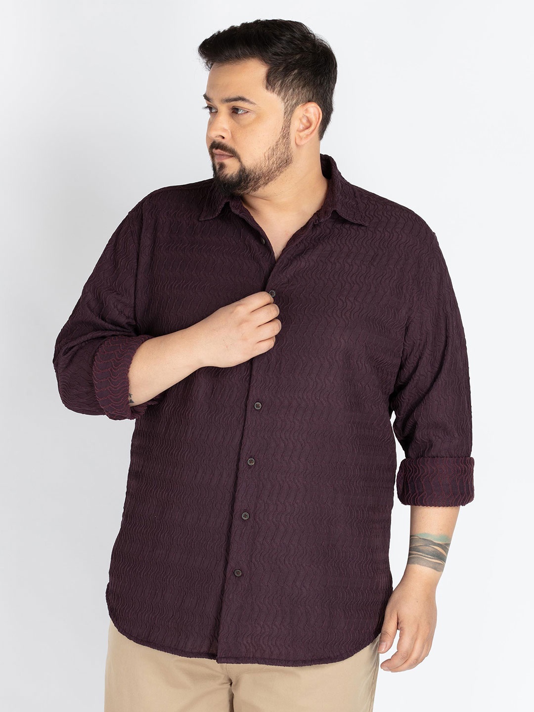 

UNSIZED Men Comfort Oversized Fit Spread Collar Textured Cotton Casual Shirt, Burgundy