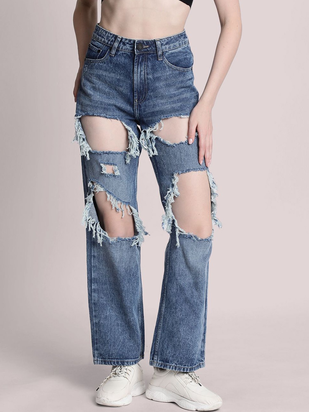 

Bene Kleed Women Straight Fit High-Rise Highly Distressed Jeans, Blue