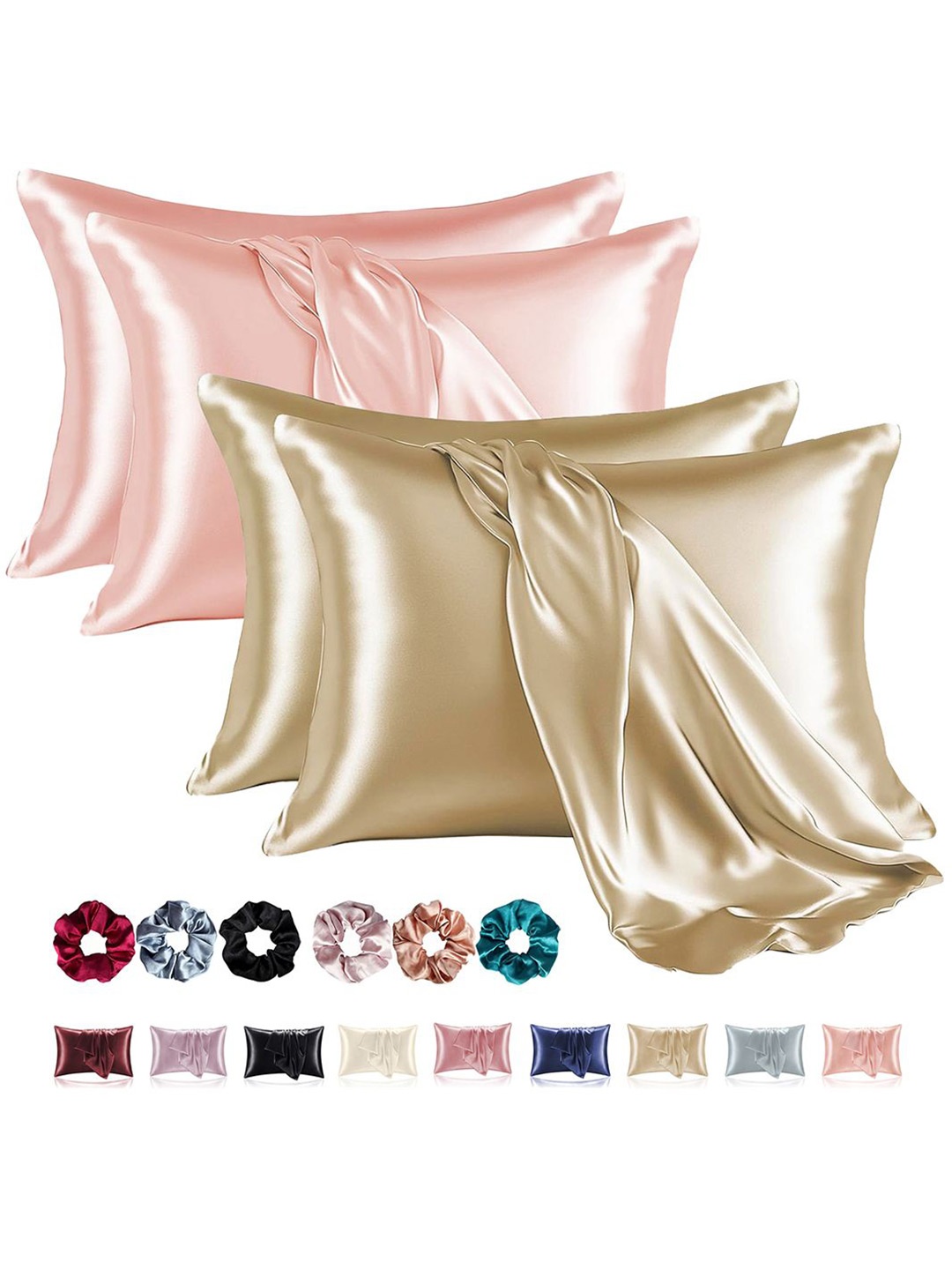 

Kuber Industries Beige & Pink 4 Pieces Soft Satin Rectangle Pillow Covers