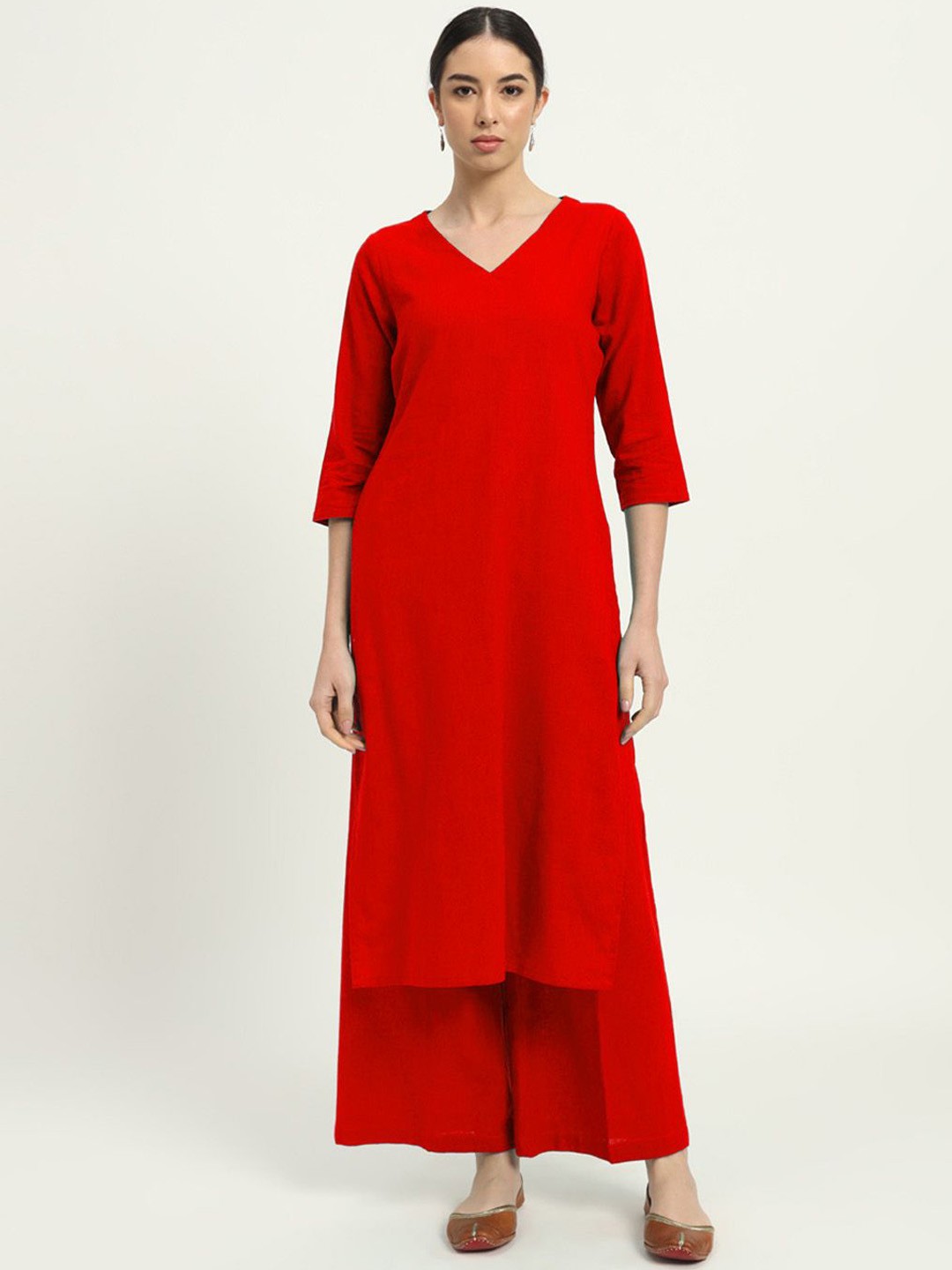 

Thevasa Verve and Versality V-Neck Pure Cotton Tunic With Palazzo, Red