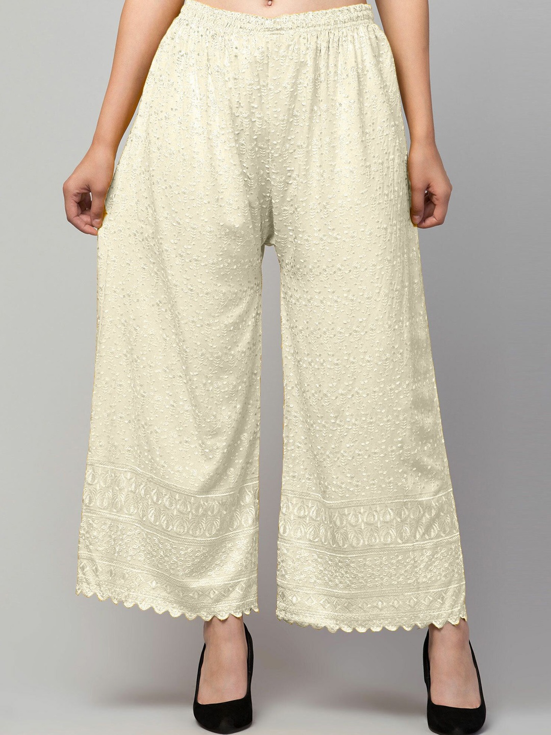 

FAMBEE Women Floral Embroidered Flared Knitted Palazzos, Cream
