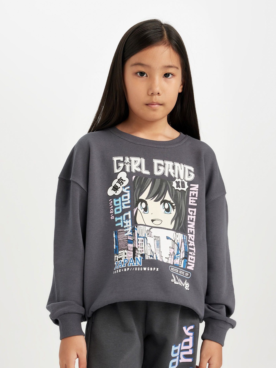 

DeFacto Girls Printed Pullover, Grey