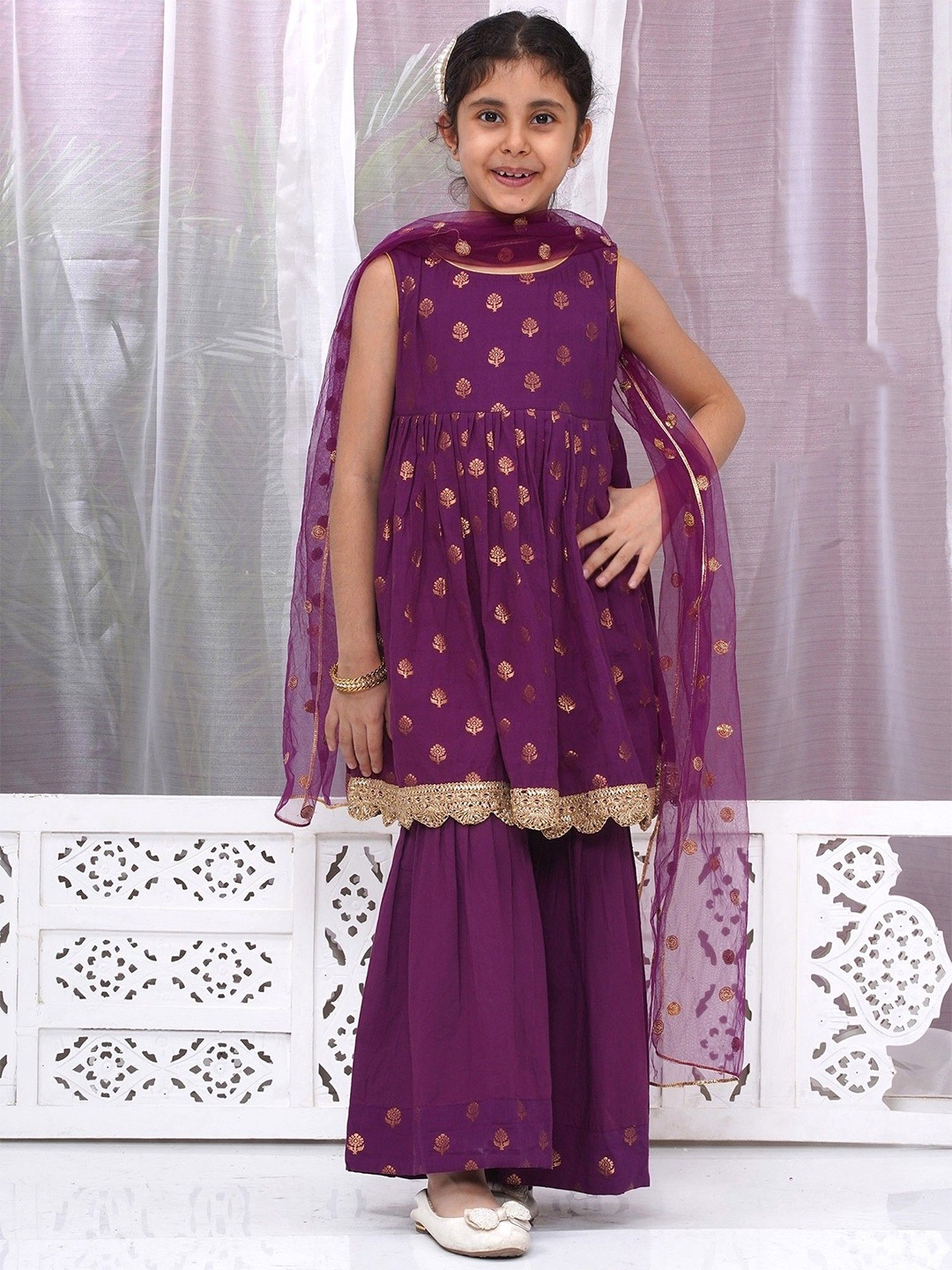 

Little Bansi Girls Floral Woven Design Pleated Pure Cotton Kurta With Sharara & Dupatta, Purple