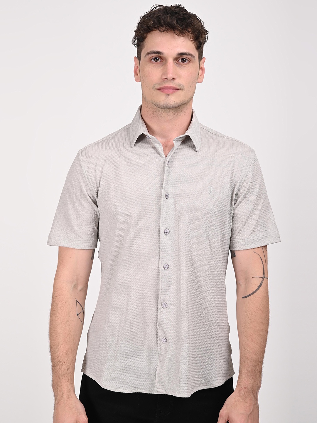 

URBAN POCHE Men Slim Fit Spread Collar Textured Cotton Casual Shirt, Beige