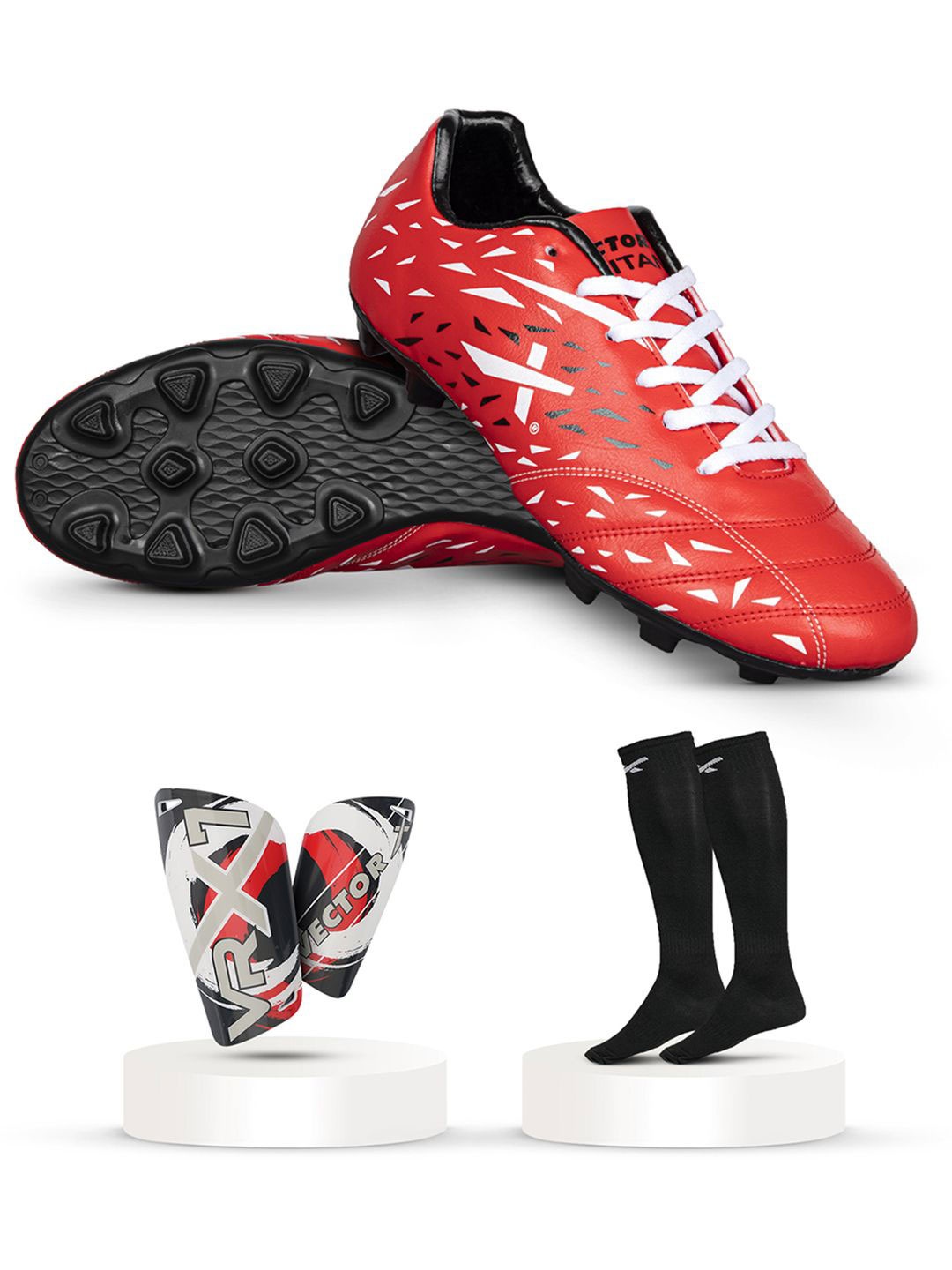 

VECTOR X Men TITAN Football Non-Marking Lace-Ups Sports Shoes with Stocking & shin guards, Red